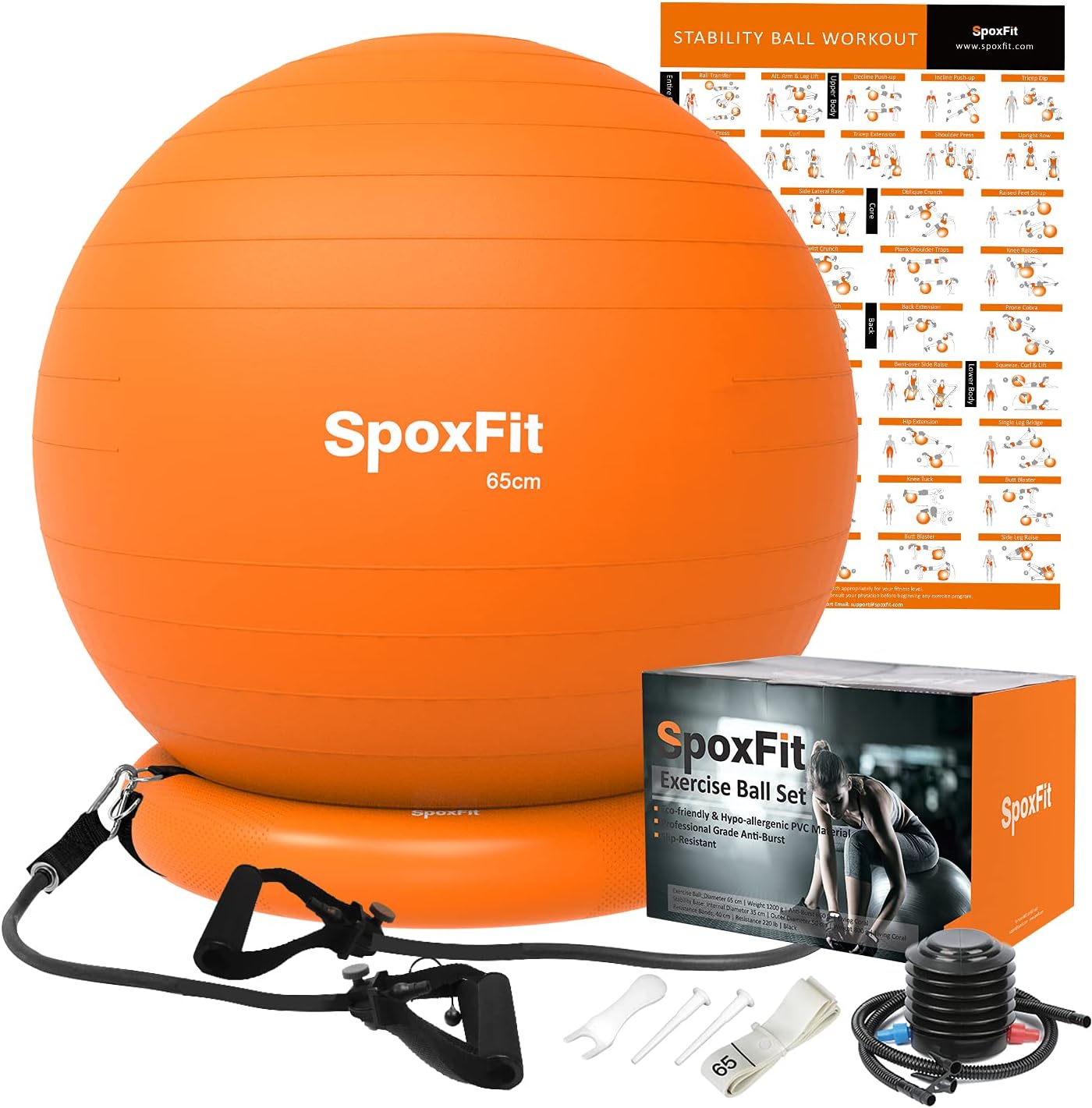 SpoxFit Exercise Ball Chair with Resistance Bands, Perfect for Office, Yoga, Balance, Fitness, Super Strong Holds 660lbs. Set Includes Stable Base, Workout Poster, Pump, Home Gym Bundle-65cm Yellow : Sports & Outdoors