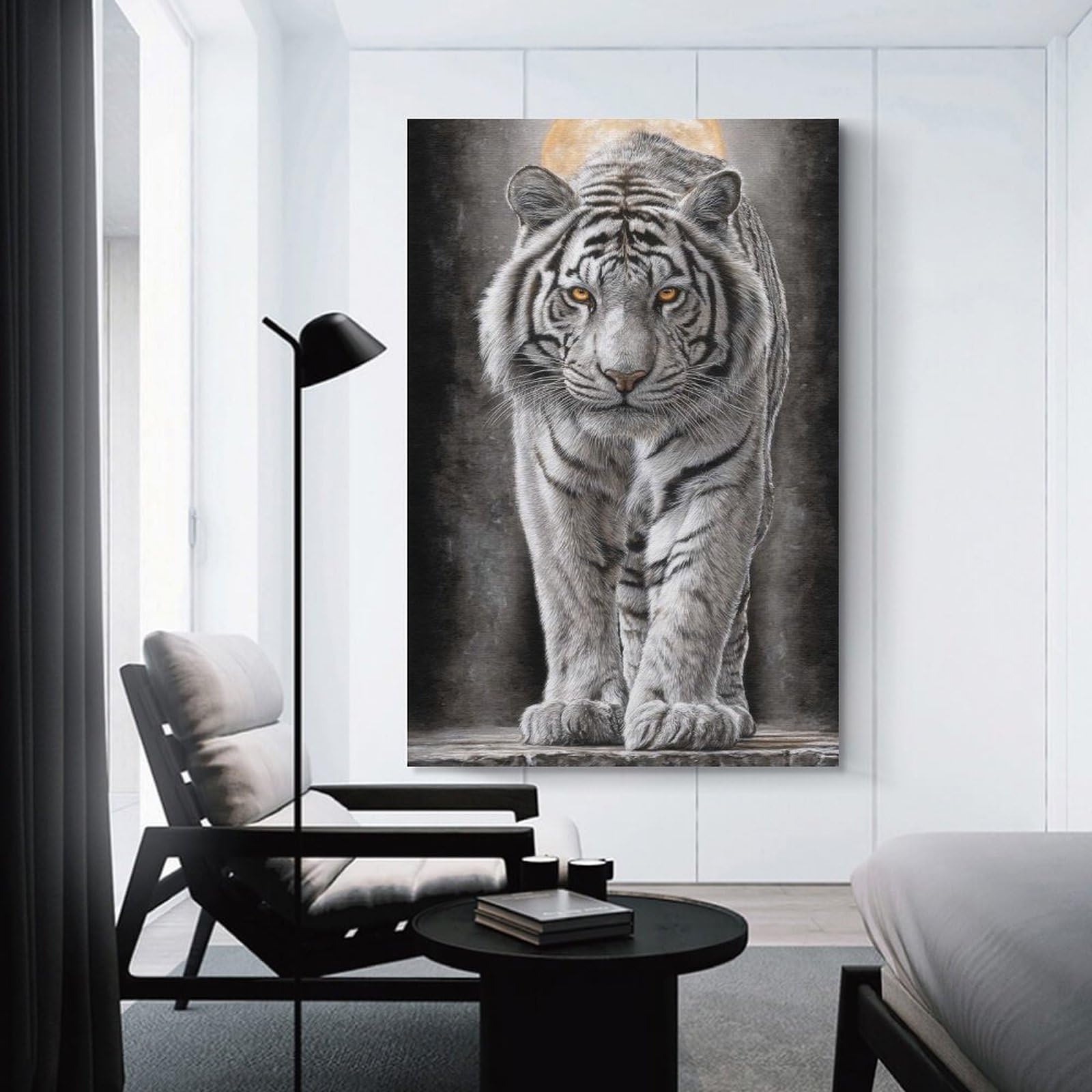 Junmoney White Tiger Portrait Under Full Moon Home Decor Wall Art 08x12inch(20x30cm), for Office, Study Or Home Workspace, Home Office Artwork with Decorative Appeal