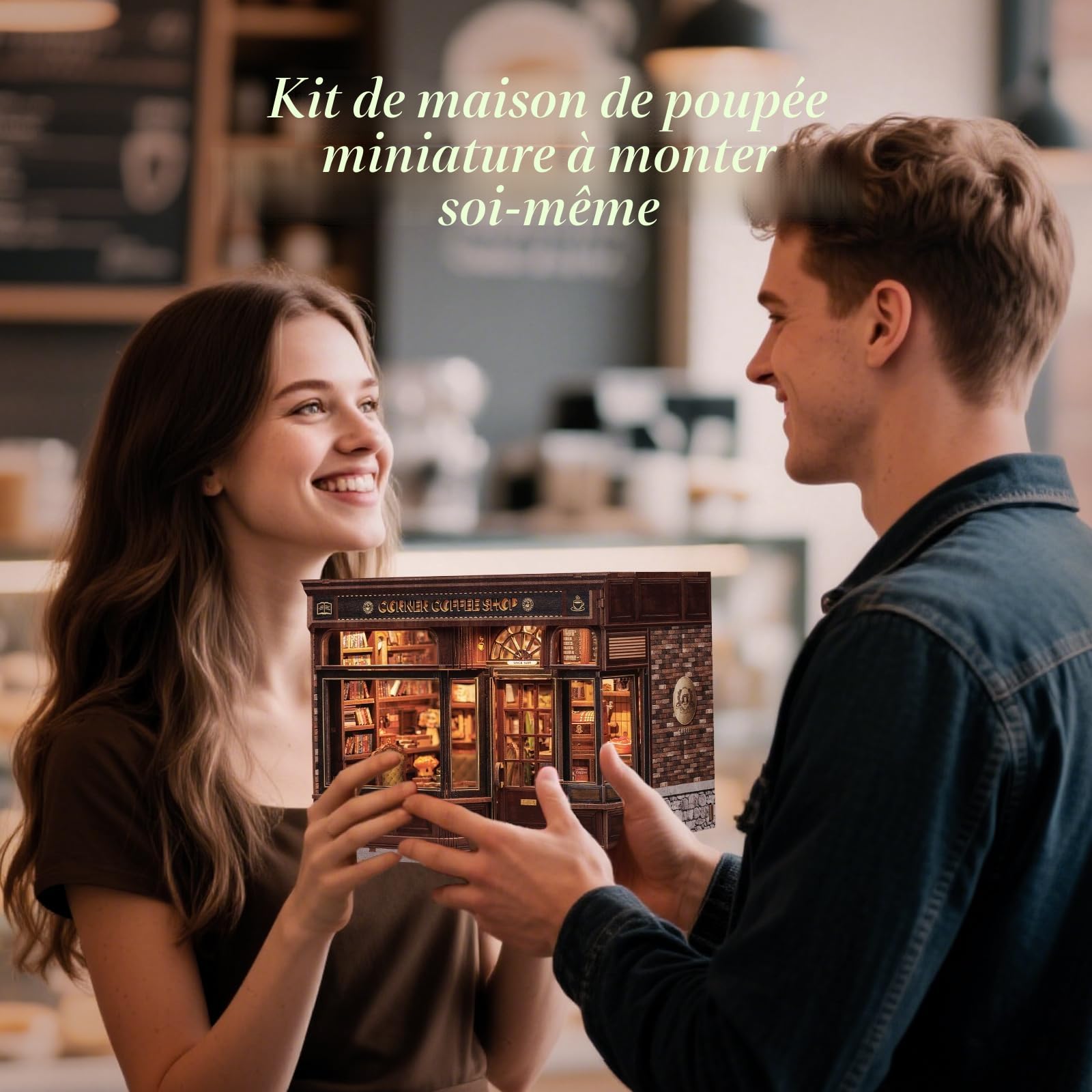 CUTEBEE Book Nook Kit – DIY Maison Miniature Rétro en Bois, Puzzle 3D à Construire pour Adultes avec Boîtier LED & Anti-poussière, Cadeau Spécial Famille/Amis (Corner Coffee Shop)