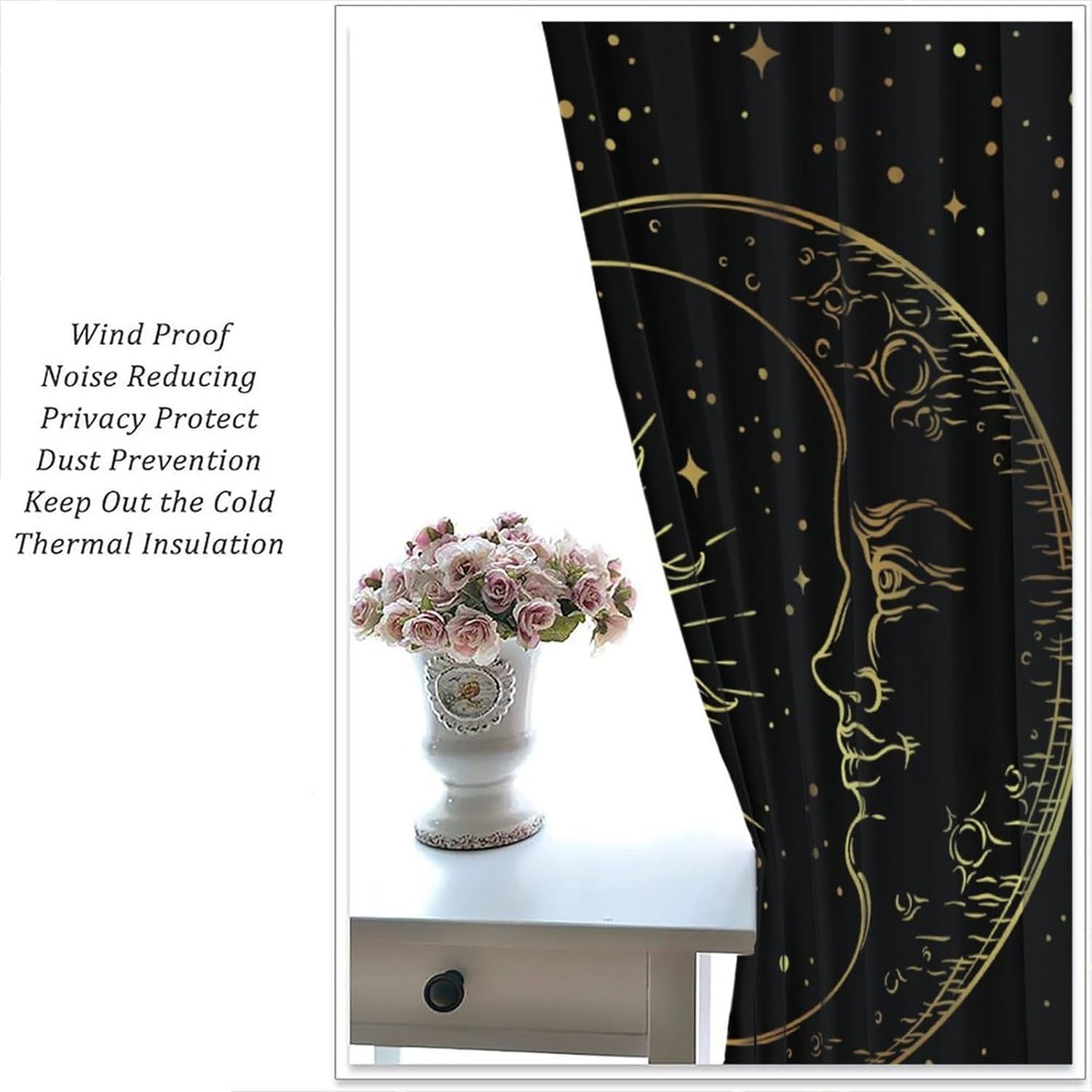 Boho Moon Curtain, Golden Moon Sun Stars Black Background Blackout Window Treatments, Rod Pocket Thermal Insulated Drapes 2 Panel Sets for Bedroom Living Room, 42" W X 63" L