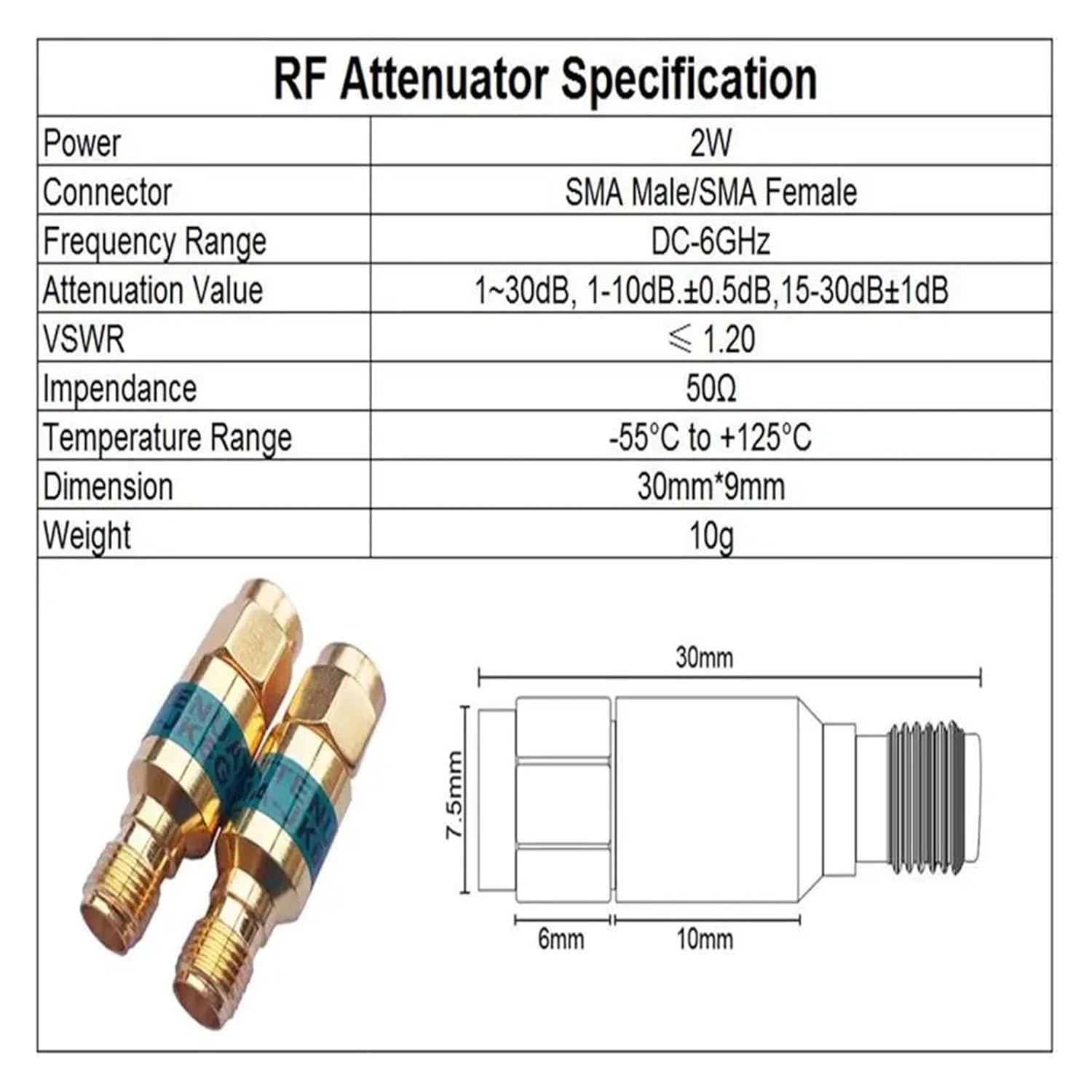 2W DC-6GHz, SMA Male to SMA Female coaxial attenuator, 1/2/3/5/6/10/15/20/25/30dB attenuator, SMA Fixed Connector(1db)