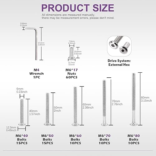 Vista 40 de Swpeet Juego de 25 tornillos de fijación plateados chapados en níquel M6x25mm, tornillos hexagonales, tuercas de barril con 1 llave Allen, poste