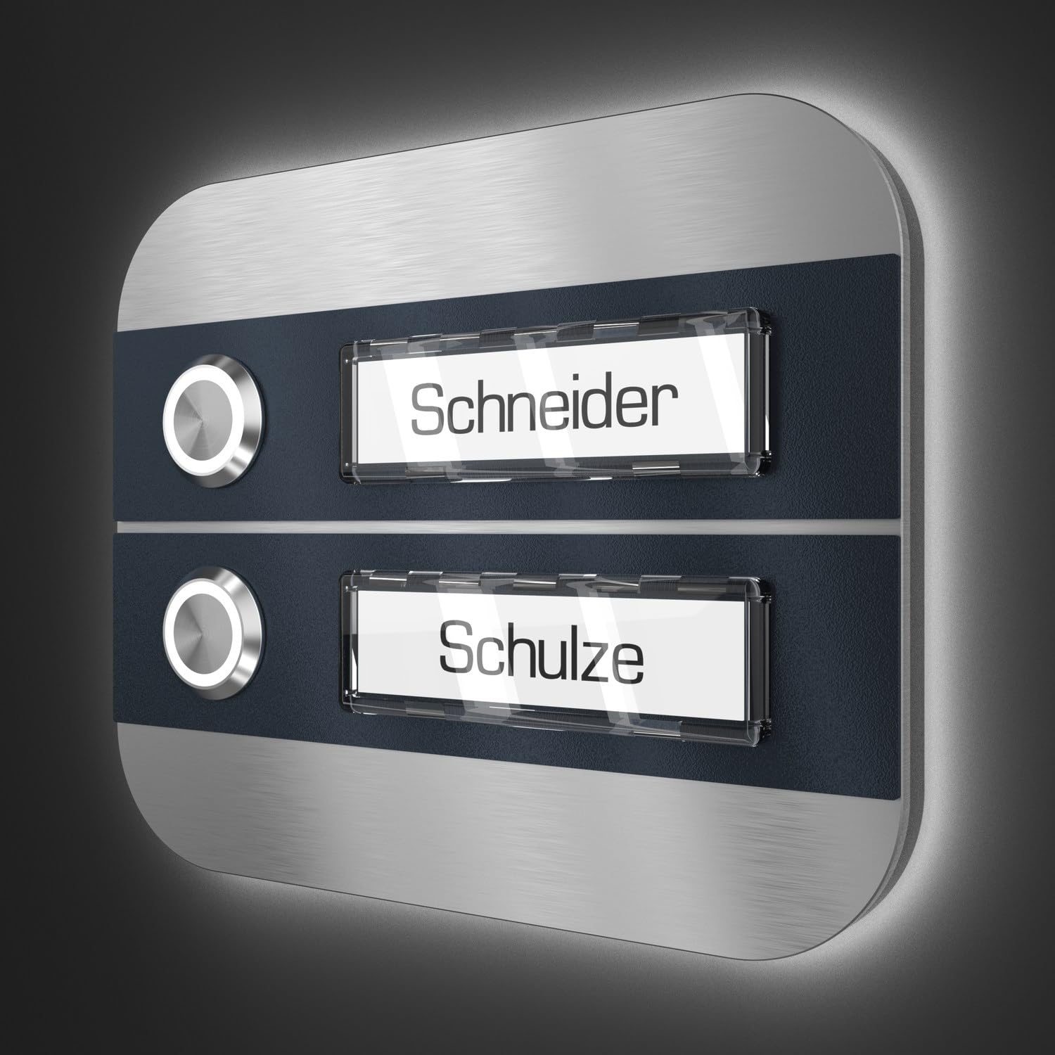 Mehrfamilien Aufputz Türklingel mit LED Taster 2 Namensschilder - V2A Edelstahl Klingel 140x115 mm - Name Beleuchtung wählbar für Haustür Zweifamilienhaus