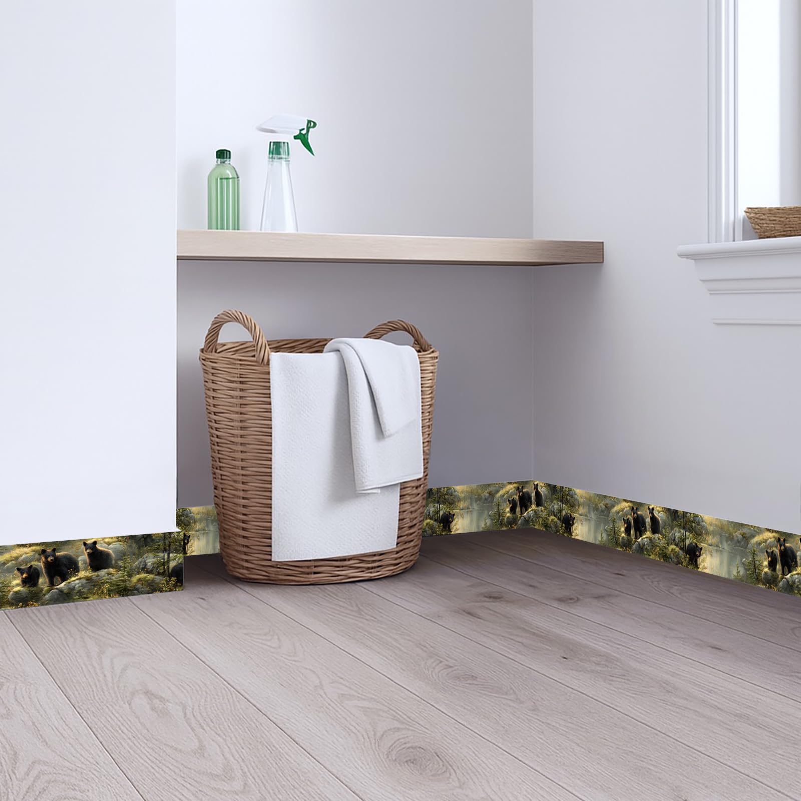 Tapeta z motywem niedźwiedzia, lasu, 400 x 10 cm, usuwalna krawędź ścienna, odklej i przyklej, dzika przyroda, wzór z czarnymi niedźwiedziami, drzewami, rzeką, skałami, do sypialni, łazienki