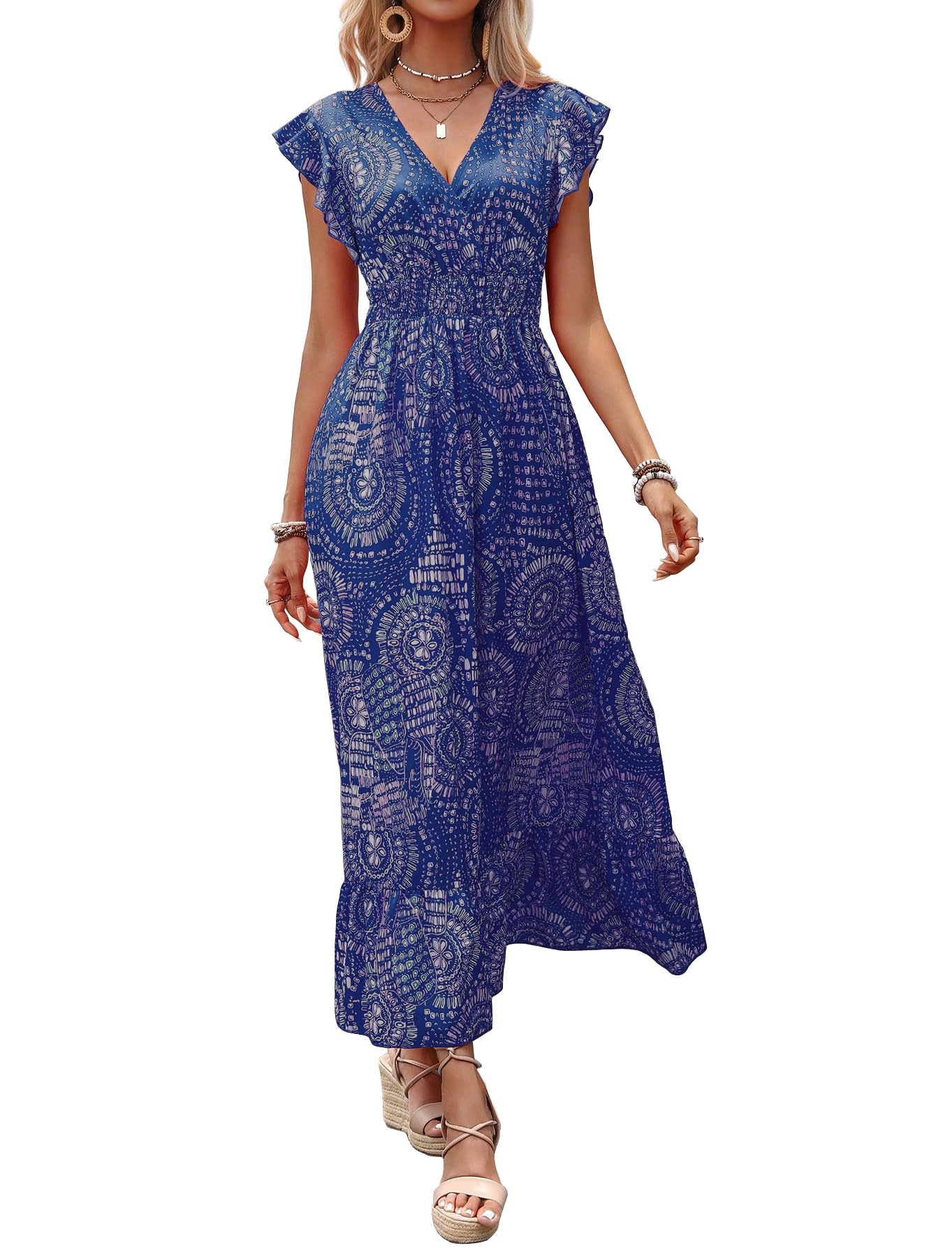 Shasmi Women's & Girl's Boho Royal Blue V-Neck Printed Dress With Ruffled Hem And Belted Waist For Vacation, One Piece Maxi For Women's Casual Dresses (Dress 140 Boho Royal Blue-Xl)