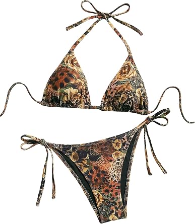BYFINECANY Womens Floral Printed Bathing Suit Halter High Waist Summer Swimsuit Bikinis Set