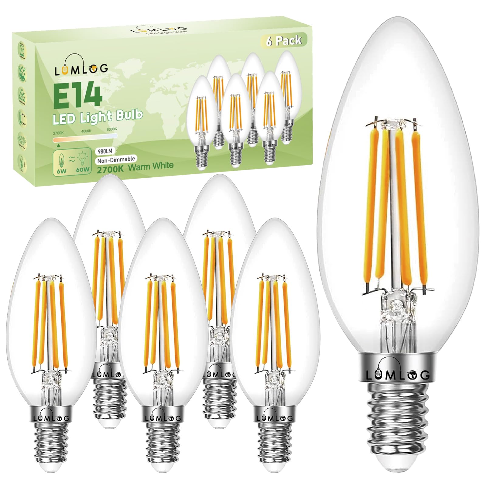 Lumlog E14 LED Light Bulb Warm White 2700K, C Energy Class, 6W (40w Equivalent), 980 Lumen SES Small Edison Screw Bulbs, Non-Dimmable, 6-Pack [Energy Class C]
