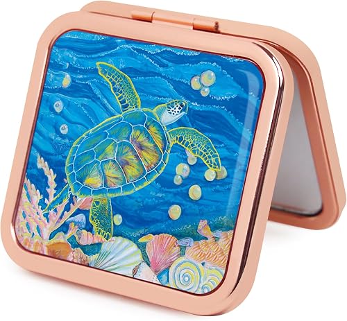 Pocket Mirror for Women, Rosegold Square 2.8”×2.8” Metal Frame DropRubber Style Double Sided Mini Magnifying 1X/2X Mirror for Purse Can be Used as Gifts for Woman (MarineAnimal01)