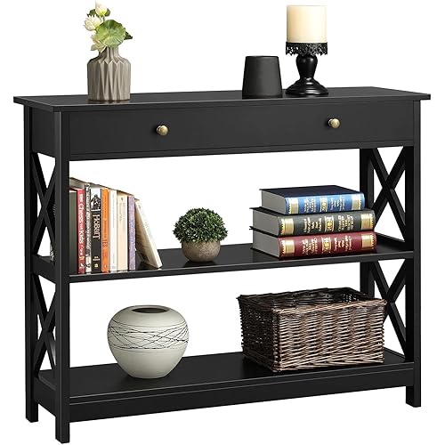 Yaheetech 3-Tier Sofa Side Console Table with 1 Drawer and 2 Storage Shelves Narrow Accent Table for Entryway/Hallway/Living Room, 39.3in L x 11.7in W x 31.5in H, Black