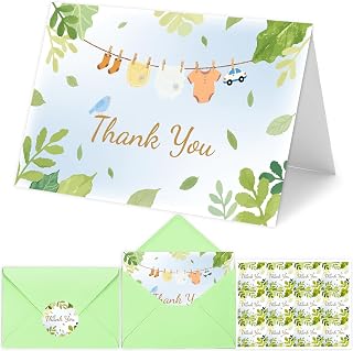 24 Pack Baby Shower Thank You Cards with Envelopes Stickers, 4 x 6 Inch Green Leaf Greeting Blank Note Cards Bulk for Boy Birthday Baby Shower