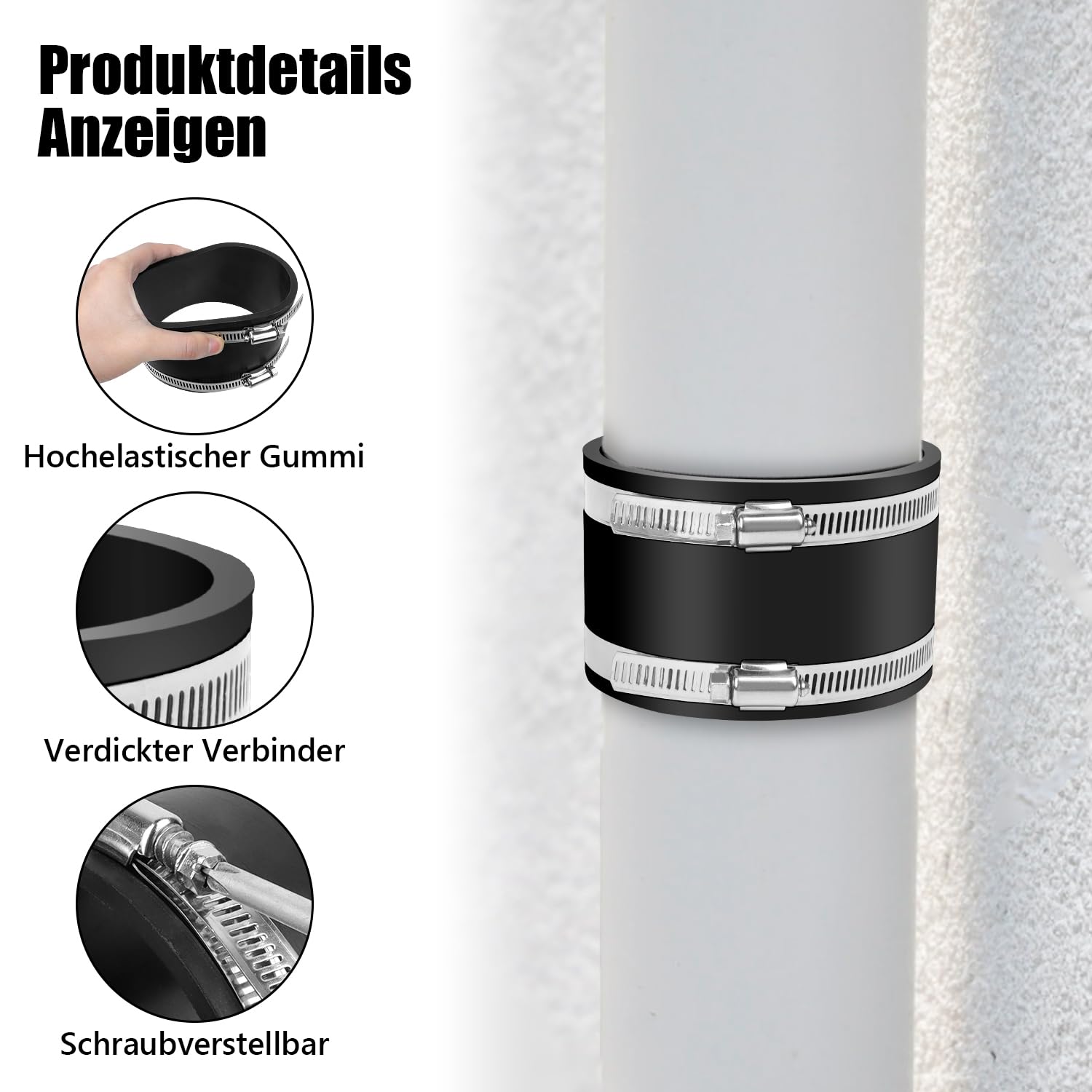 Raccord PVC 125 Manchon en Caoutchouc Flexible Manchon Caoutchouc Tuyau Avec Colliers de Serrage Inox pour Ventilateur Tubulaire Tuyau de Ventilation Filtre à Charbon