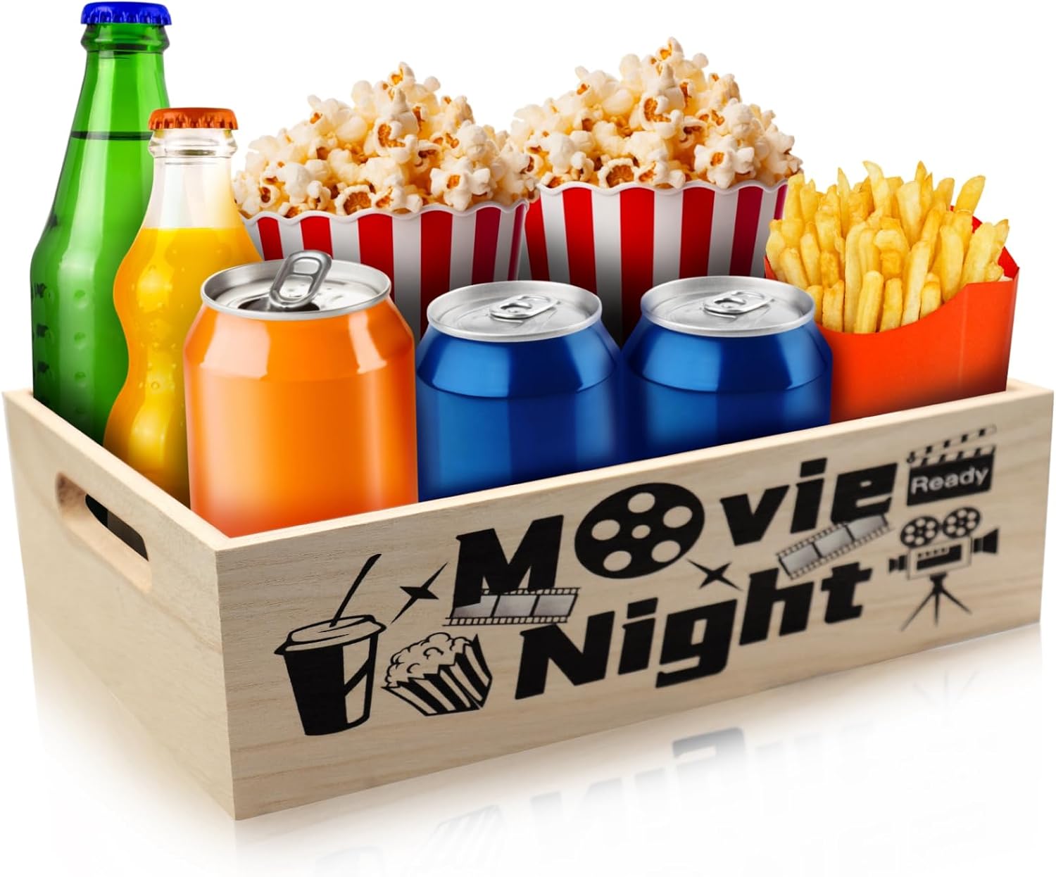 Yamahiko Movie Night Snack Tray with Handles, Reusable Movie Night Snack Trays Basket Box Organizer Supplies for Countertop Storage, Wooden Movie Theater Theme Snack Basket Tray(Wood Movie Night)