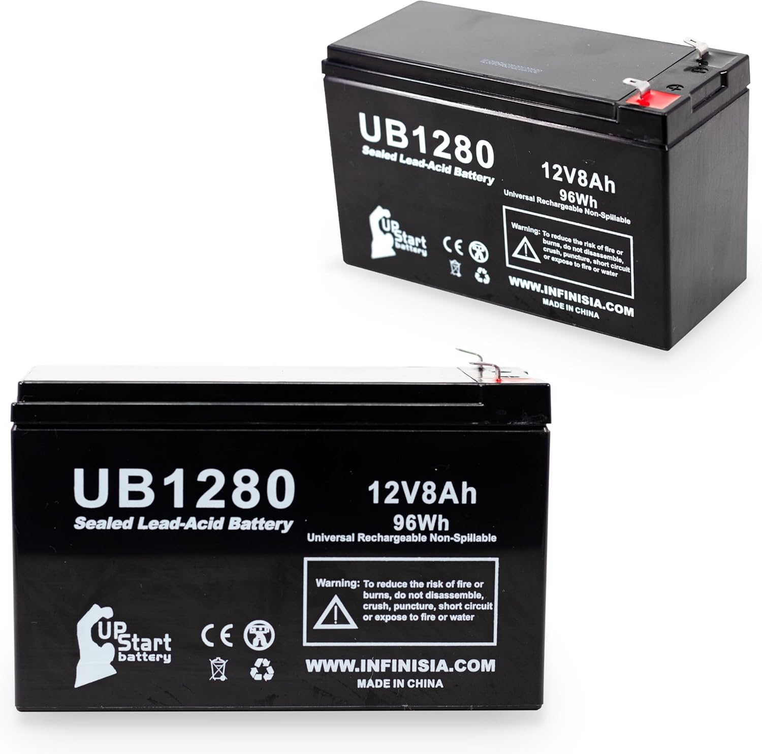2x Pack - Replacement for Kung Long WP7.2-12 Battery - Compatible UB1280 Universal Sealed Lead Acid Battery (12V 8Ah 8000mAh F1 Terminal AGM SLA) - Includes 4 F1 to F2 Terminal Adapters