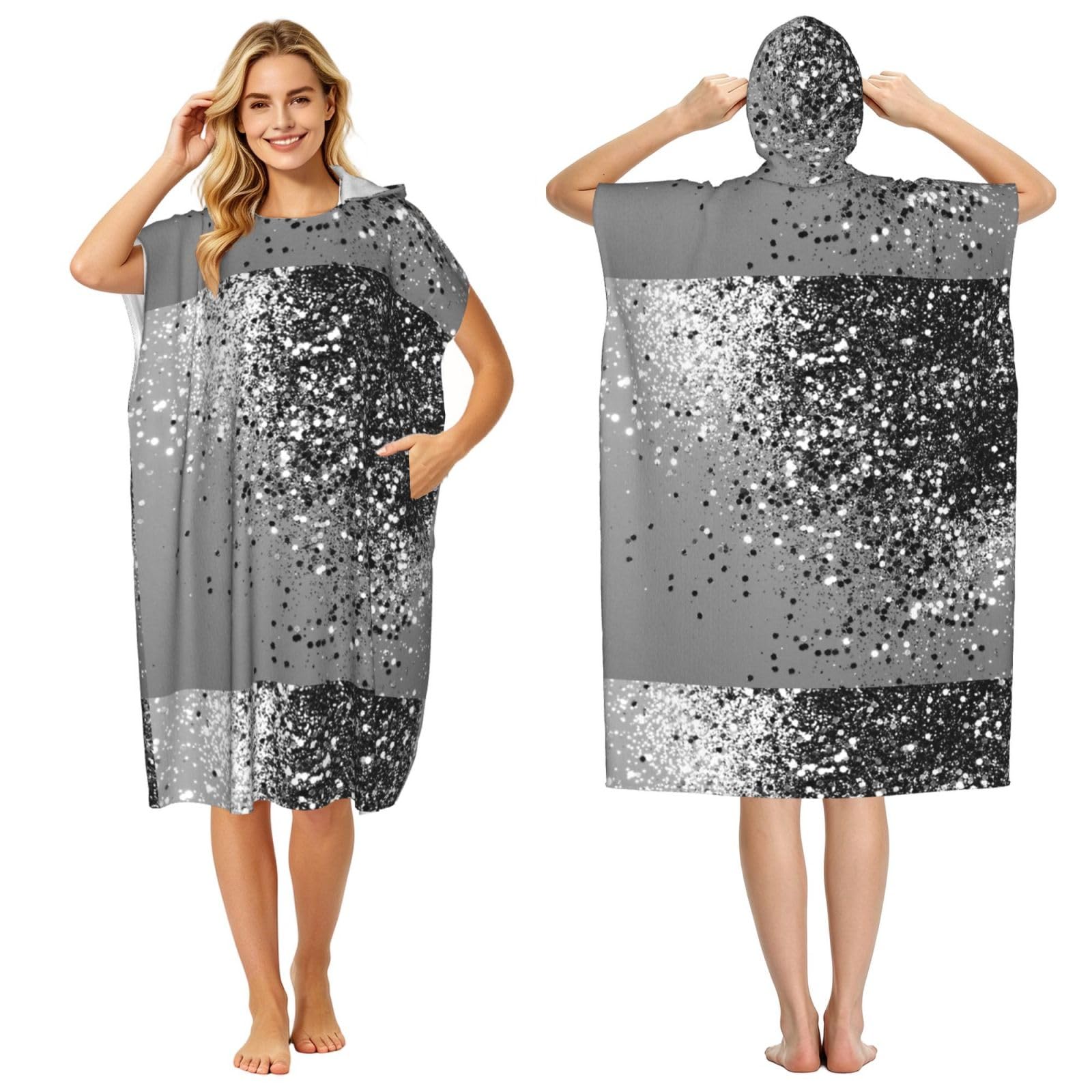 Poadnly Sparkling Silver Gray, Adult Hooded Beach Towel 90 x 110 cm,Changing Bath Robe, Surf Poncho Towel For Women Men