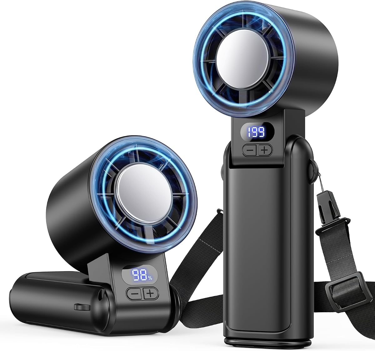 Handventilator Akku Aufladbar mit LED-Display & Clip, 1-199 Stufen | 3-in-1 Hand/Nacken/Tisch Ventilator, 24ft/s Starker Luftstrom, 3600mAh-Akku bis 12h, für Reisen/Camping/Büro/Zuhause, Schwarz
