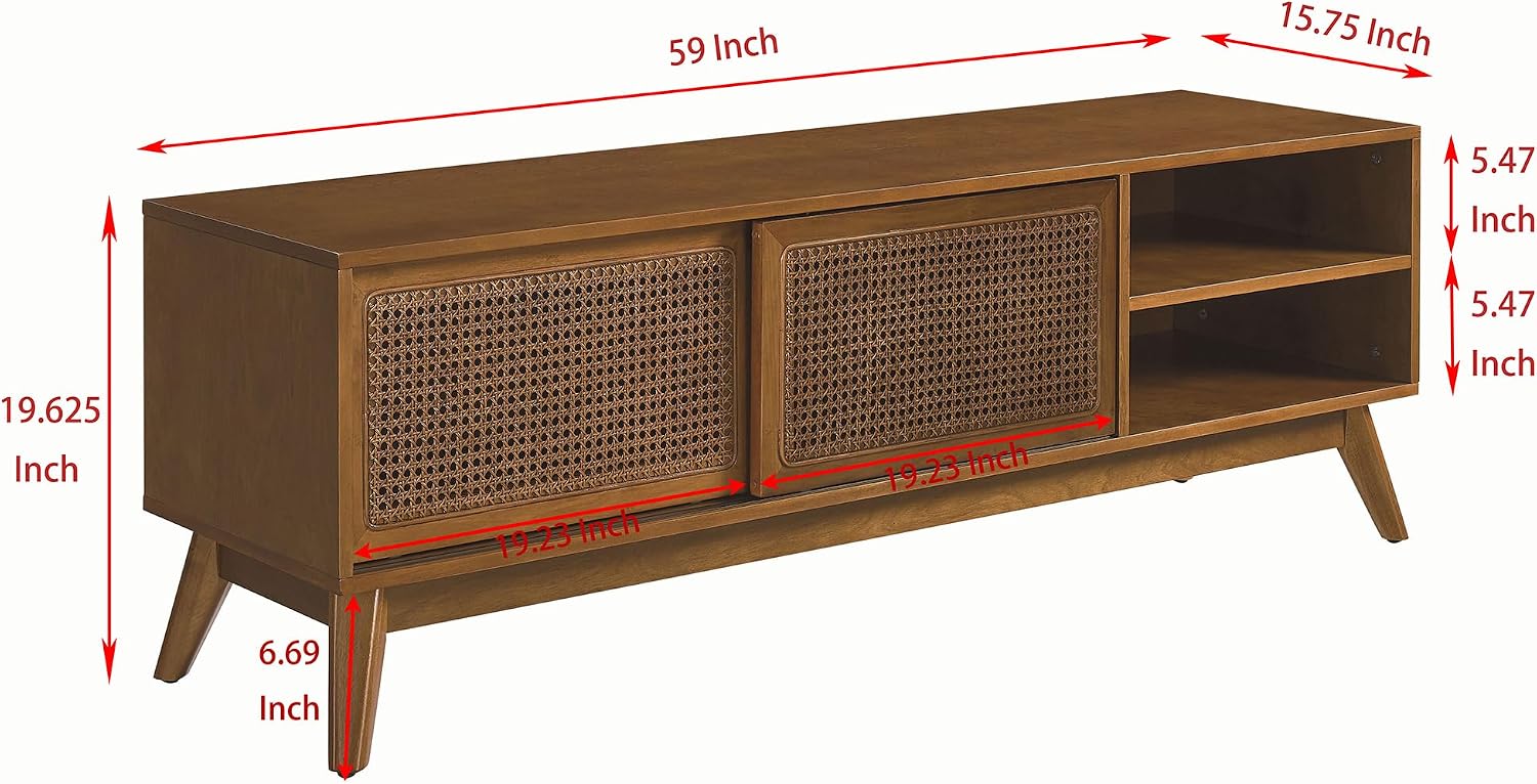 Amposei Mid Century Modern Wooden TV Stand Entertainment Center for 55/60/65 inch TVs, Sliding Rattan Door Console Storage Cabinet with Wood Legs for Living Room, Brown Ebony