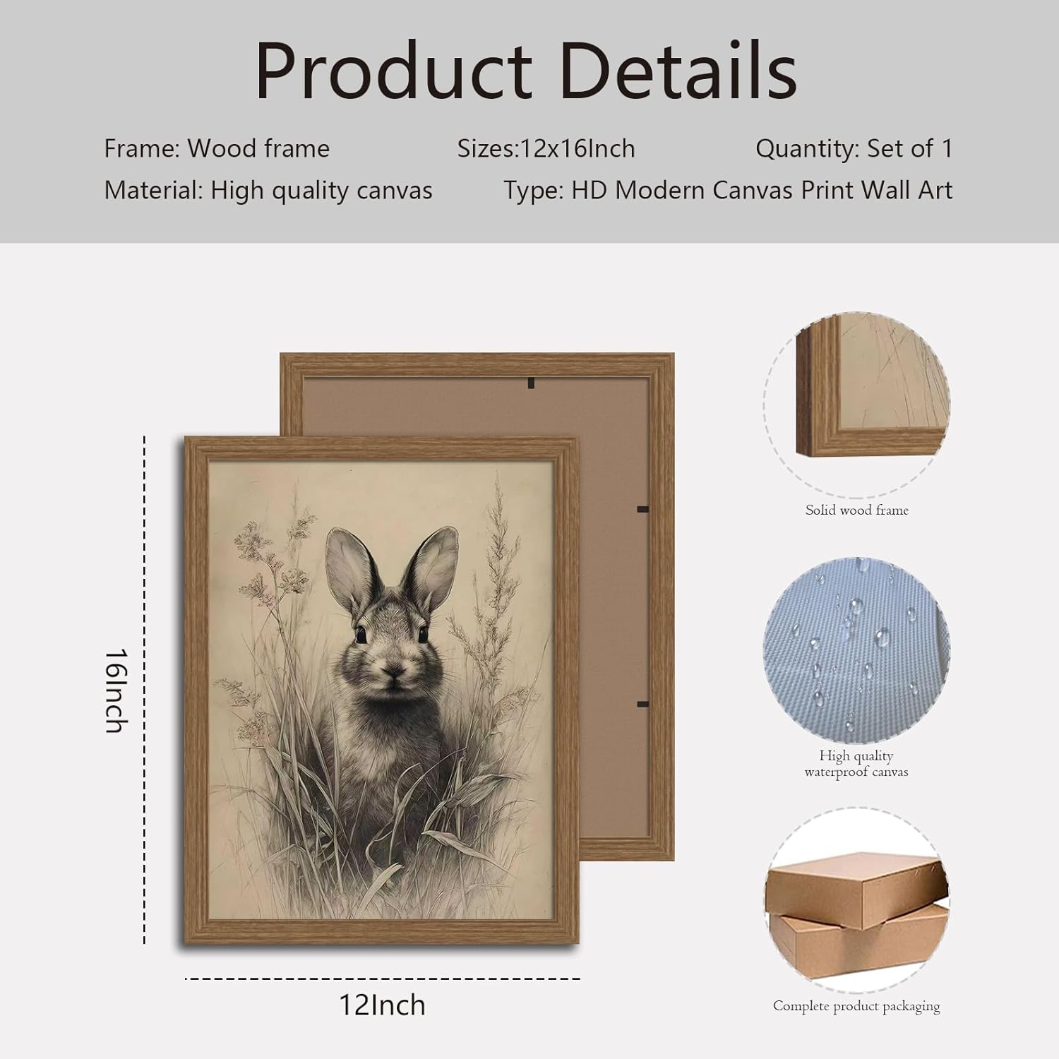 Framed Easter Bunny Wall Art, Farmhouse Vintage Animal Canvas Painting with Solid Wood Frame Antique Neutral Rabbit Wall Decor Picture Print for Living Room Bedroom Nursery 16x24 Inches