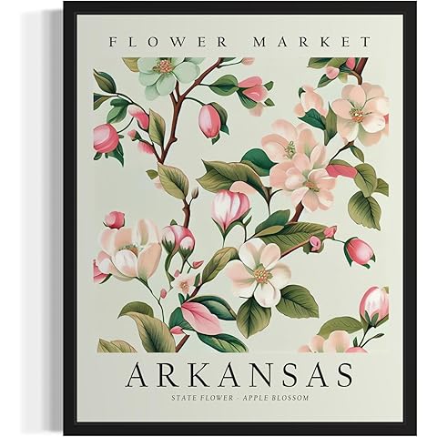 Arkansas Flower Market Art Print Poster State Wall Art, Botanical Floral Artwork Decor for Bedroom, Kitchen, Bathroom, Livingroom Decoration 61 (Arkansas, 8 x 10 inches, Black Frame)
