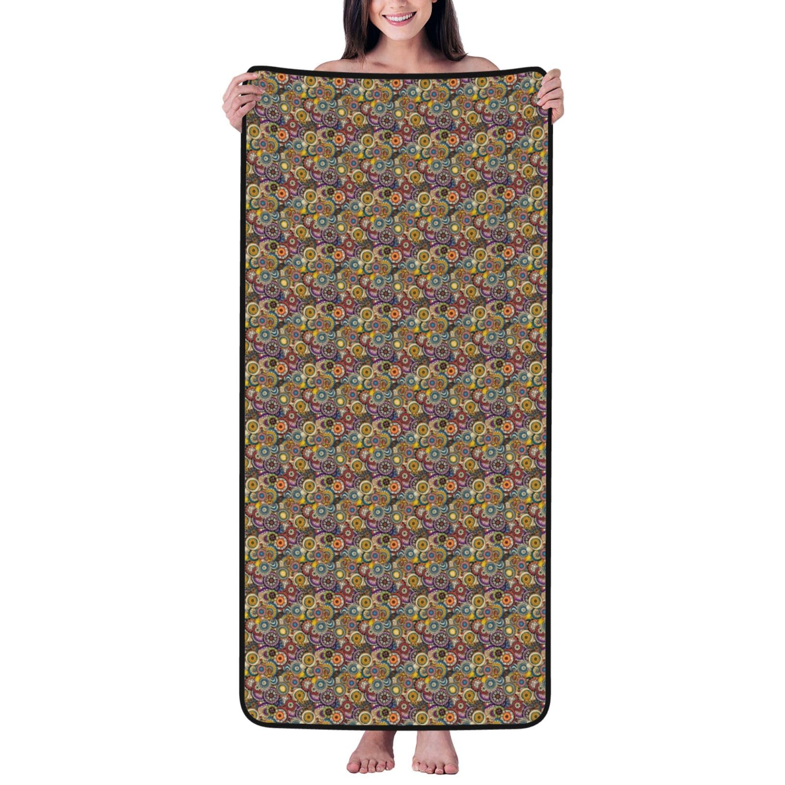 Ztpowqa Women's Black Ethnic Circles Floral Pattern Print Coral Velvet Bath Towel For Home Gym Lounging Bathroom Spa Hotel Beach Travel