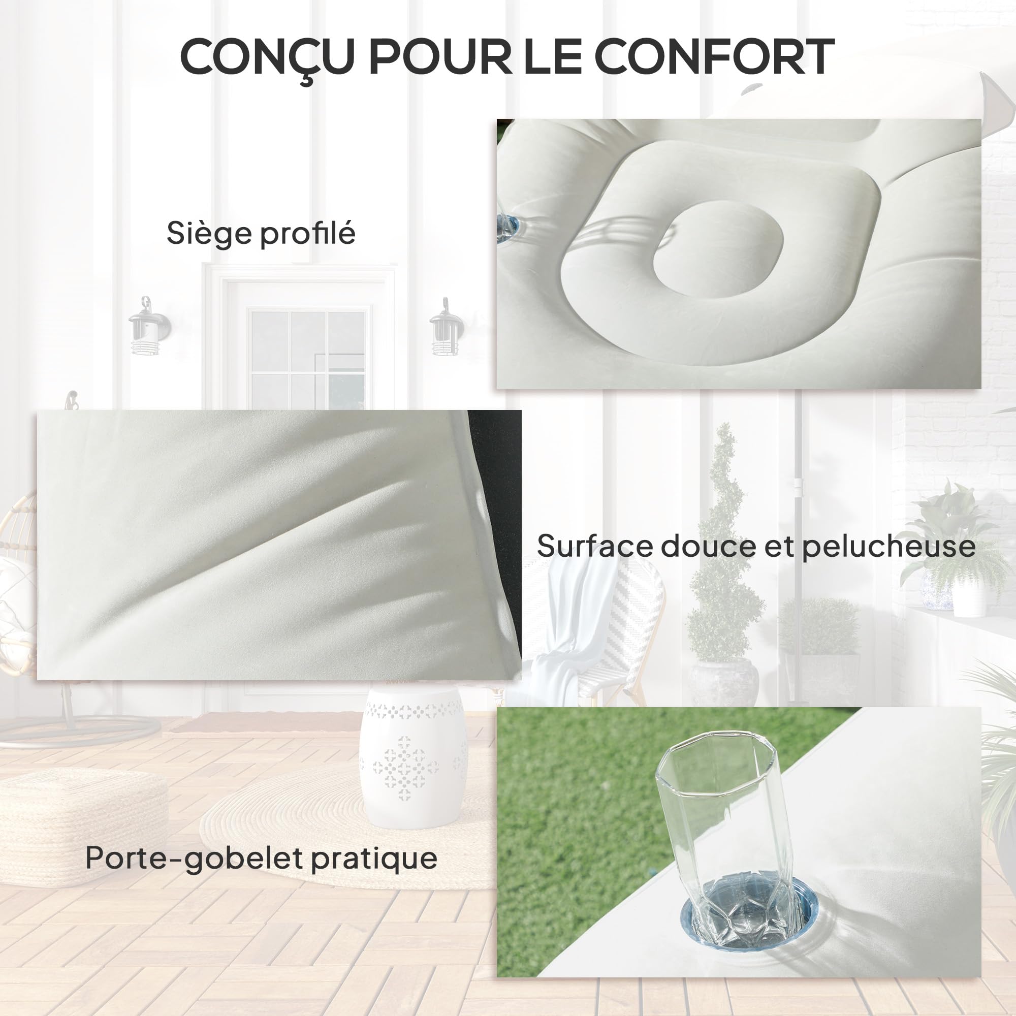 Outsunny Canapé Gonflable et Repose-Pieds, Tissu Doux, Gris | Fauteuil Gonflable Extérieur et Pouf, Aspect Peluche, Porte-Gobelet, pour Camping, Jeux, Lecture, Visionnage de Films