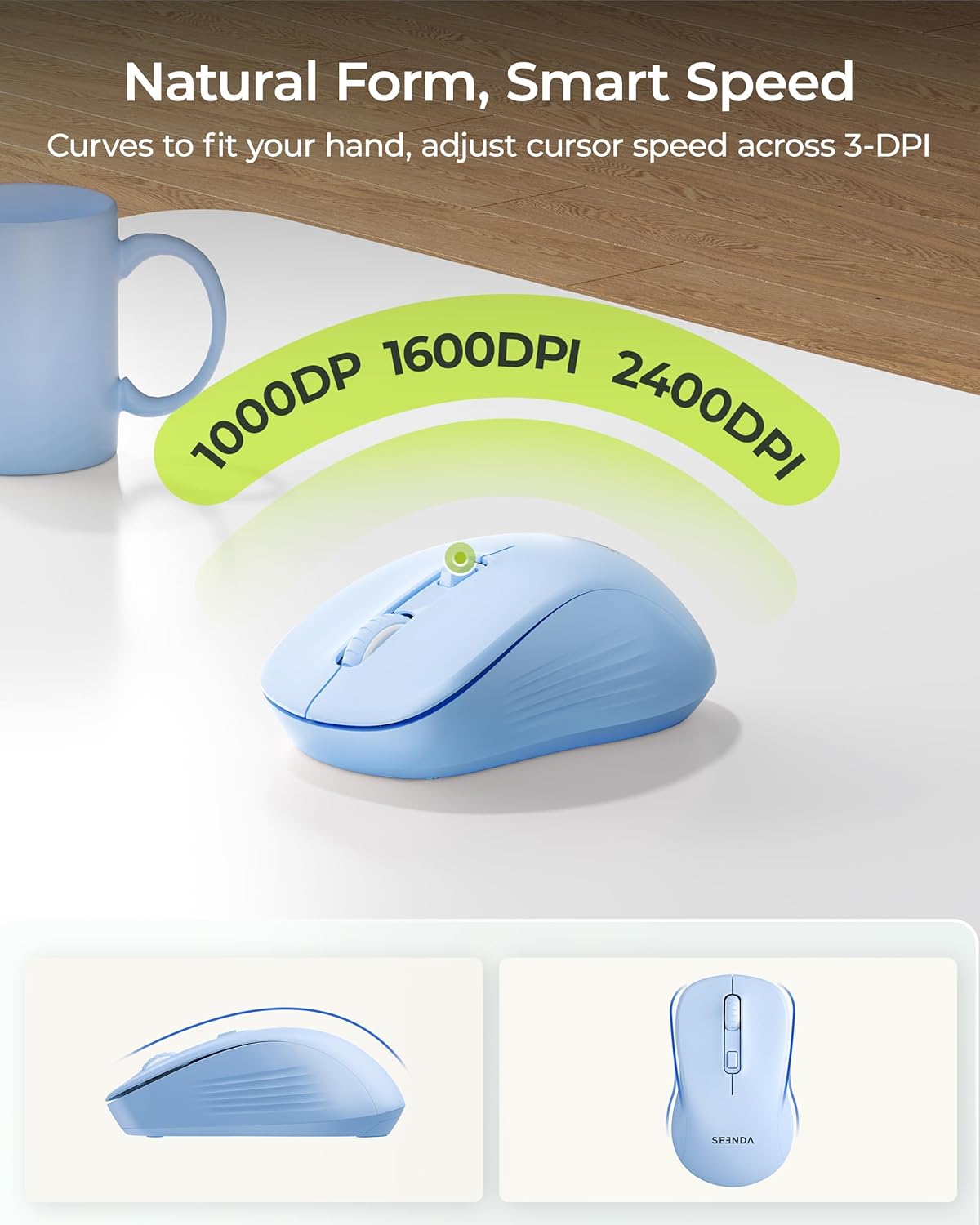 seenda Wireless Bluetooth Keyboard Mouse Combo, Ergonomic Keyboard with Wrist Rest, Silent Mouse, USB & Bluetooth Multi-Device, Full-Size Compatible for Windows PC Laptop Mac MacBook, Blue