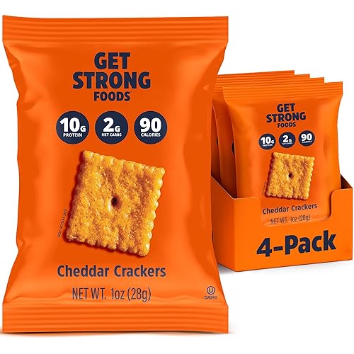 Get Strong Foods Galletas de Queso Cheddar - Galletas Altas en Proteínas - Aptas para Keto, Bajas en Carbohidratos, Crujiente de Queso Alto en Fibra