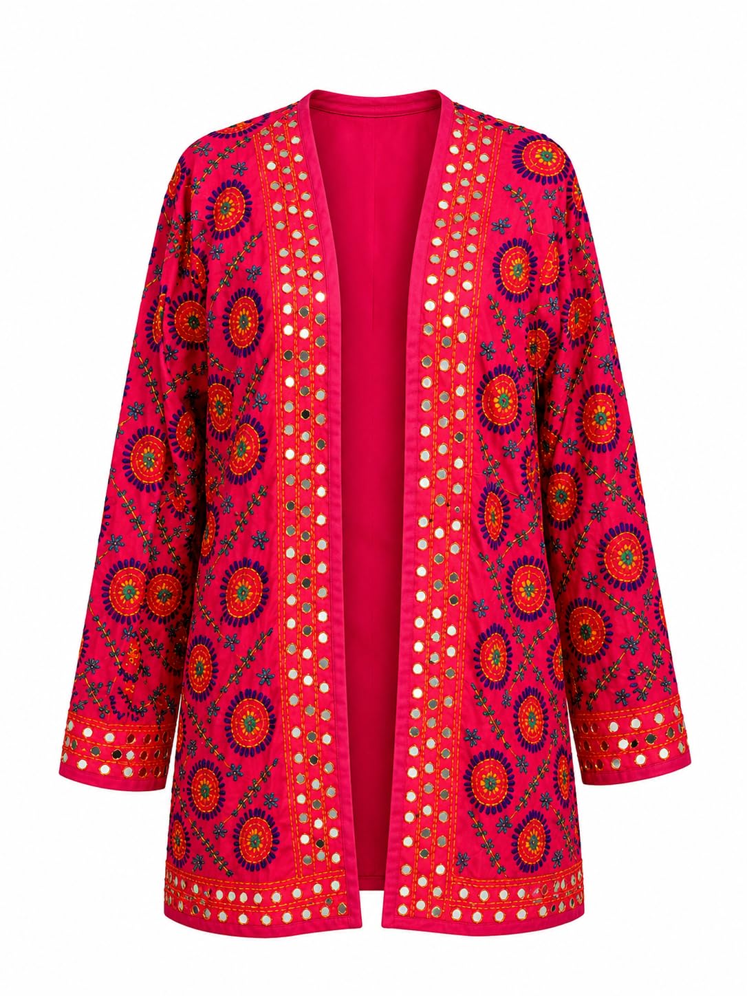 Women's Boho Embroidered Open Front Kimono Cardigan Jacket – Mirror Work Ethnic Long Sleeve Lightweight Cover Up With Pocket, Casual Festival & Vacation Outerwear-image-7