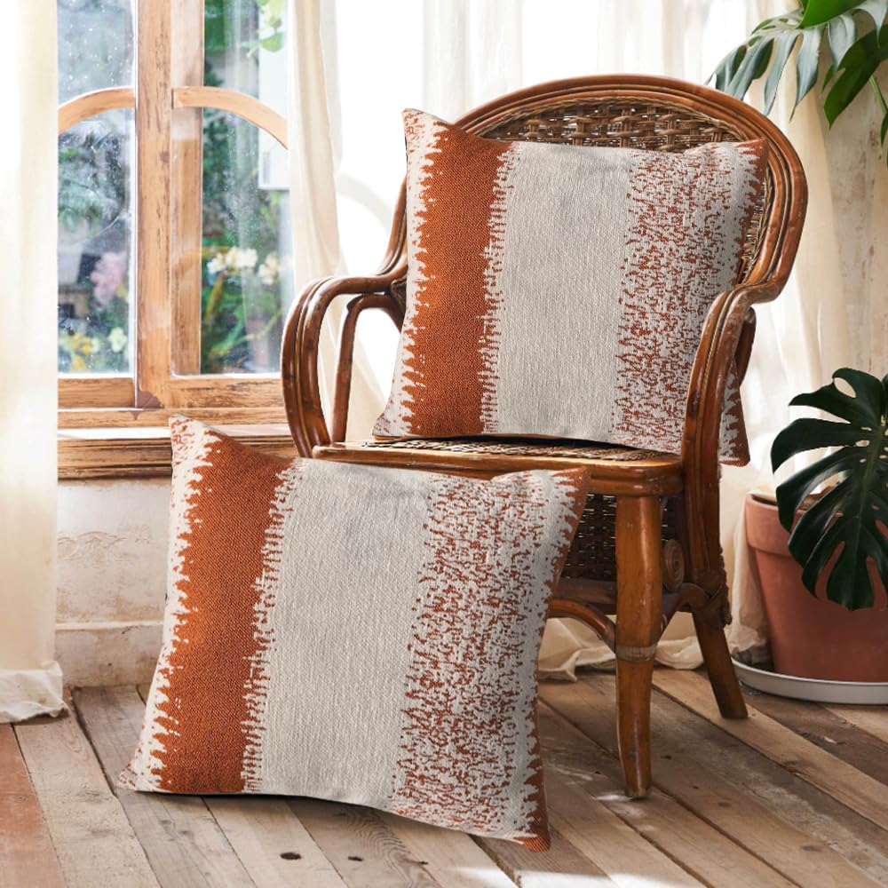Orange Cushion Cover Orange and white Square Chenille stripes Throw Pillow Case Set Cushion Covers for Living Room Sofa Bed Bedroom Home Decor Garden Couch decoration pillowcase 45x 45cm set of 2