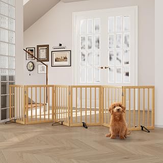 Semiocthome Hundegitter aus Bambus für das Haus, extra breit, 6 Paneele, freistehende Haustiergitter mit 4 Metallständern für Türen und Treppen, 61 cm hoch, Faltbare Hundezäune im Innenbereich