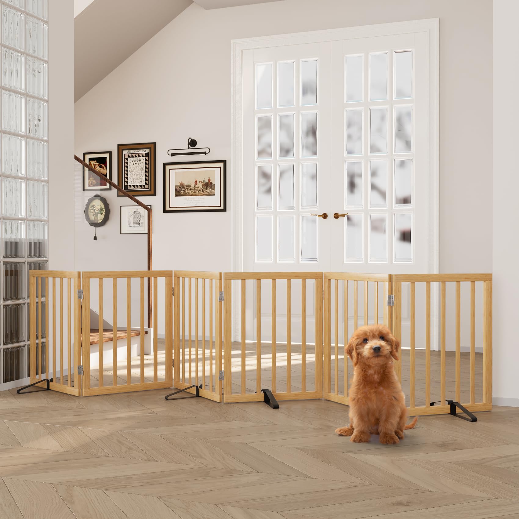 Semiocthome Bamboo Freestanding Dog Gates for Doorways, 2-Panel Indoor Puppy Gates for The House with 2 Metal Stands, 60cm(H) Folding Pet Gate for Stairs Expands Up to 94cm(W) Walnut — view 21