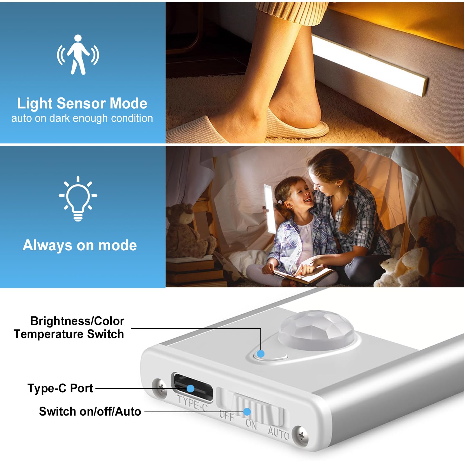 Luce LED Con Sensore Di Movimento Ricaricabile USB - 3 Temperature Colore, Per Mobili E Armadi