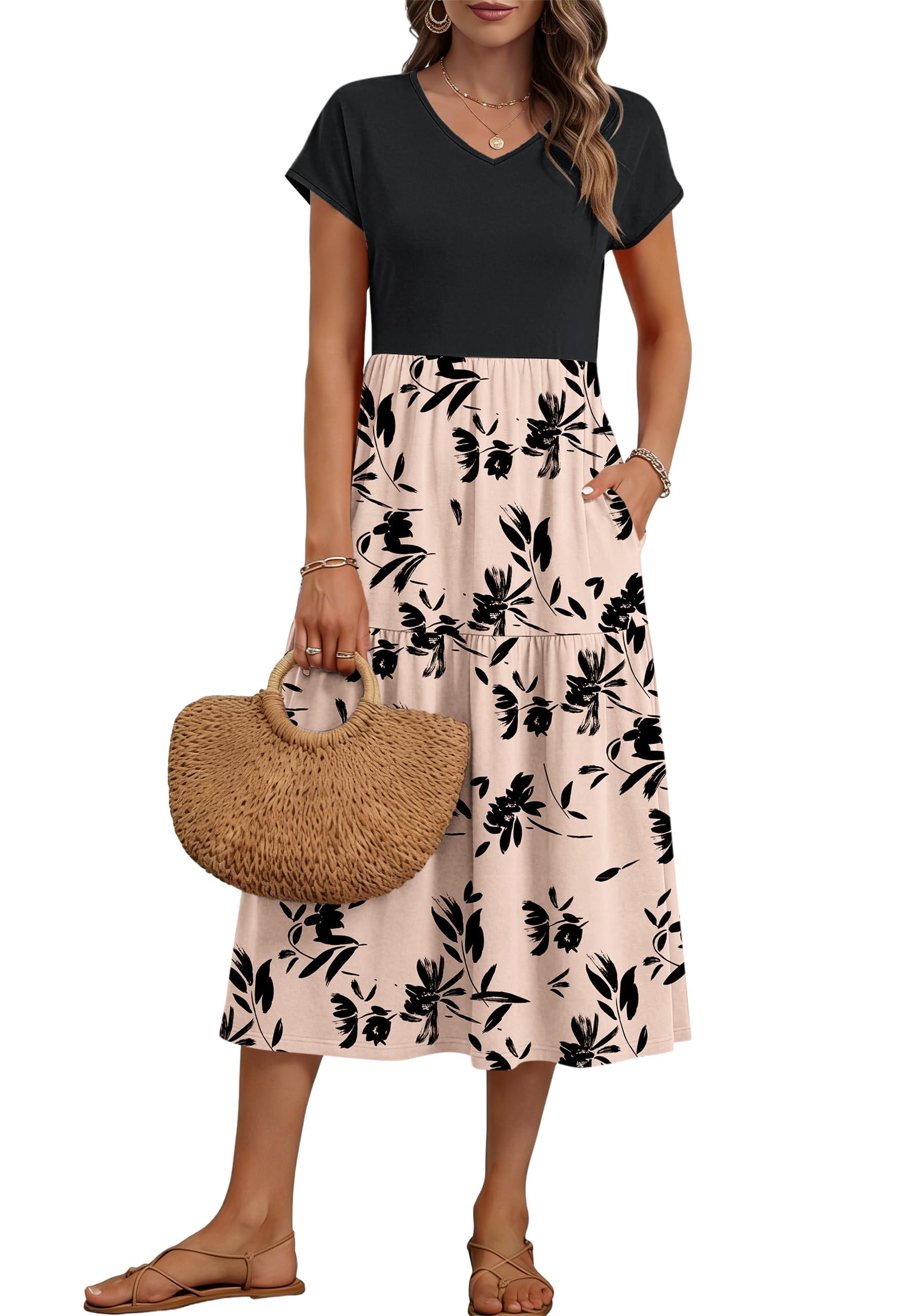PLOKNRD Damen Sommerkleid V-Ausschnitt Midikleid mit Taschen