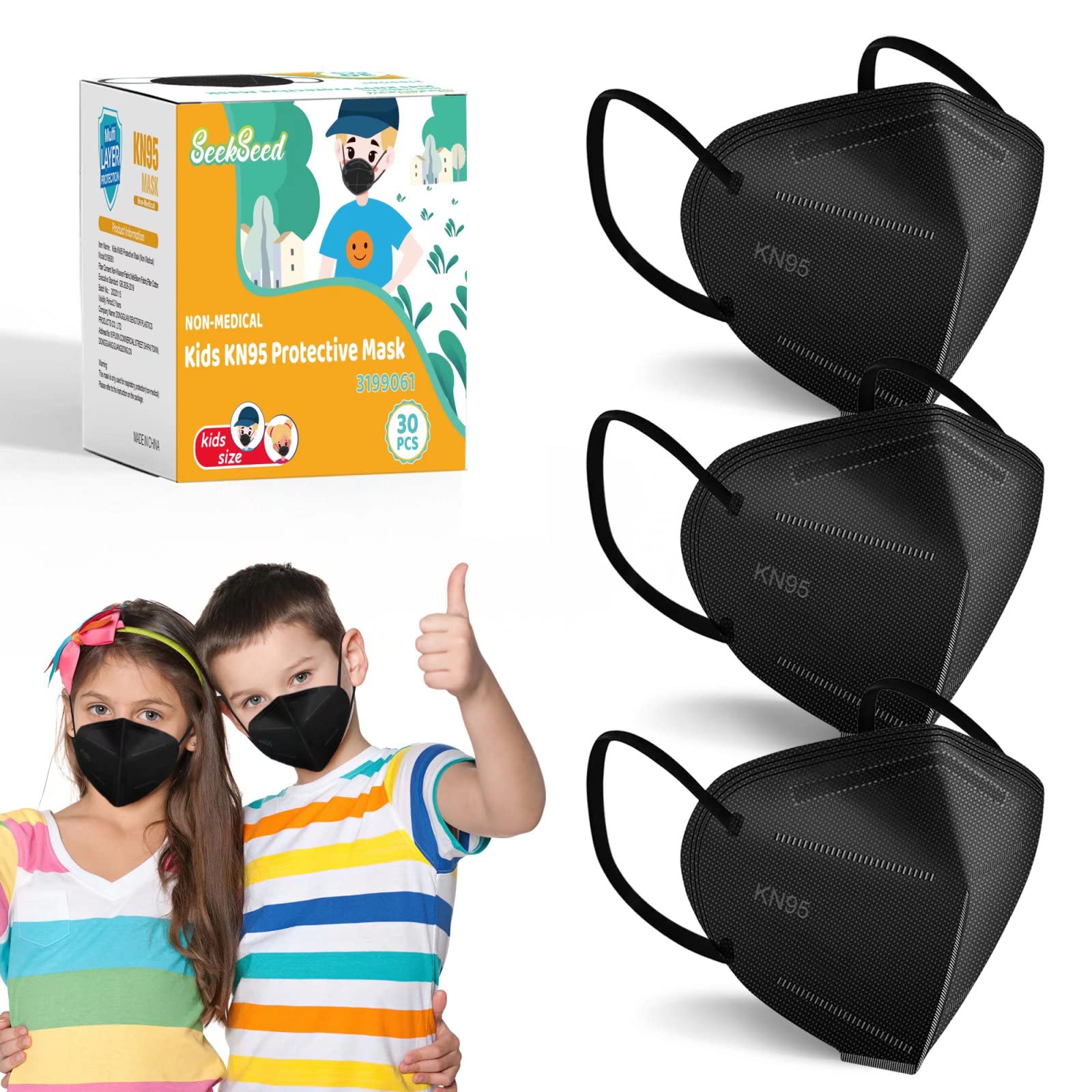 SeekSeed Kids KN95 Face Masks Black 10 Pack , 5 Ply Breathable Disposable Kid Masks , Childrens Comfortable Dust Cup Dust Mask Elastic Ear Loops with Nose Bridge for Girls Boys Black 30 Pcs