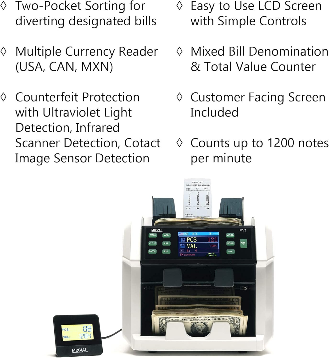 MIXVAL MV3 Mixed Money Counter Machine | 2-Pocket Premium Bank Grade w/Counterfeit Detector | Mixed Denomination, Currency & Bill Counting | Fast & Accurate Cash Counter | Customer Screen & Printer : Office Products