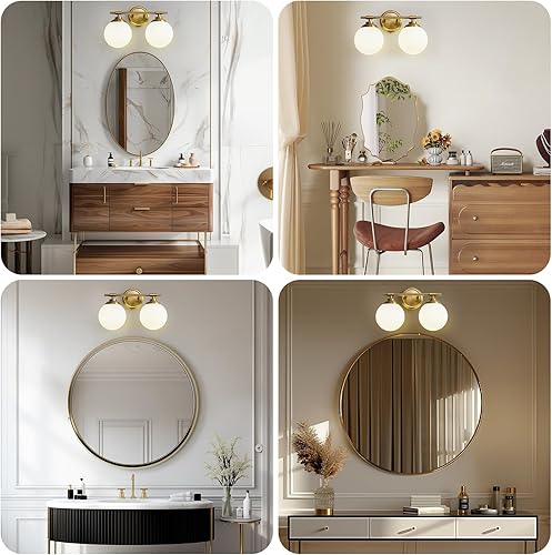 Miniatura 5 de Lámparas de baño doradas, 2 luces ETL para tocador sobre espejo con vidrio de leche, iluminación suave, apliques de baño de 15 pulgadas (excluye la