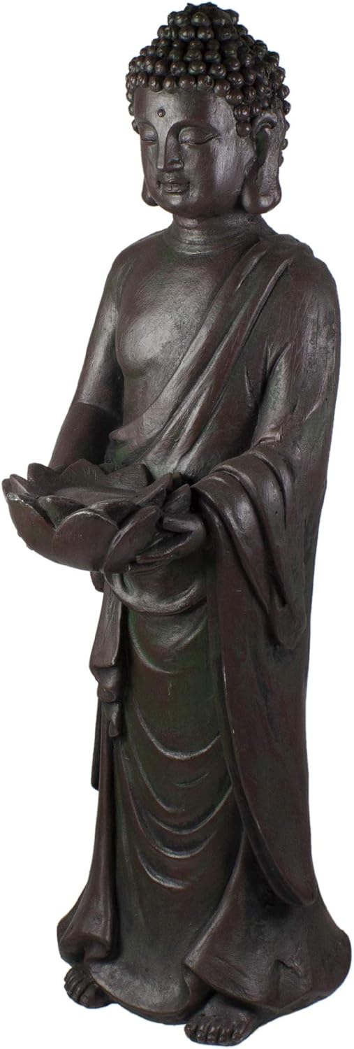 19.5" Gray Standing Buddha with Lotus Outdoor Garden Statue