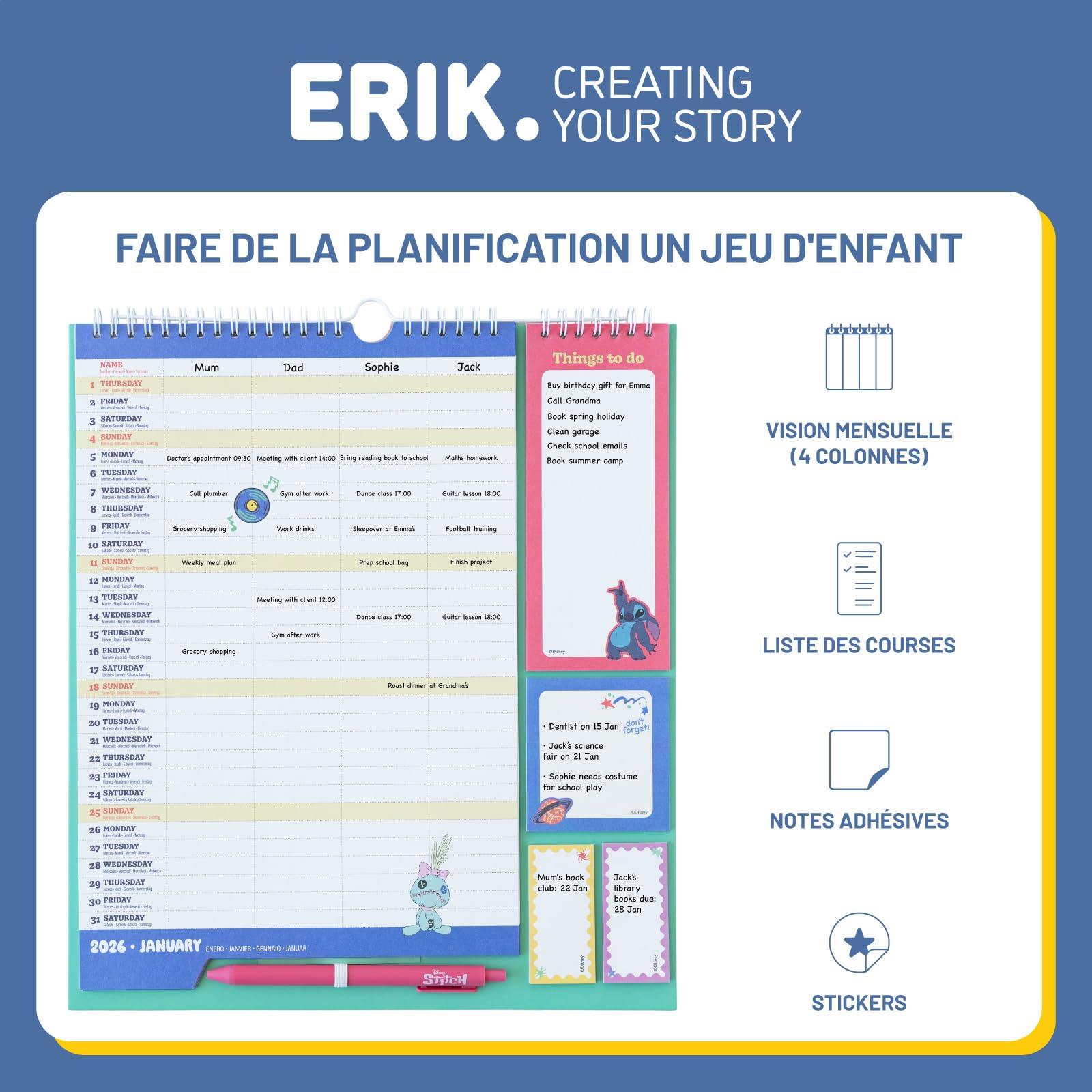 Grupo Erik Calendrier Disney Stitch 16 mois Septembre 2025 à Décembre 2026 Planificateur Mensuel Familial avec Crochet