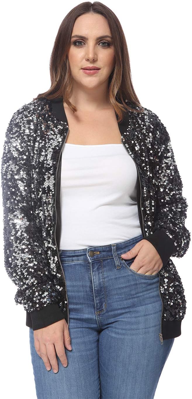 Anna-Kaci Women's Plus Size Sparkly Jacket Long Sleeve Zip Up Sequin Bomber Jacket Coat - Image 5