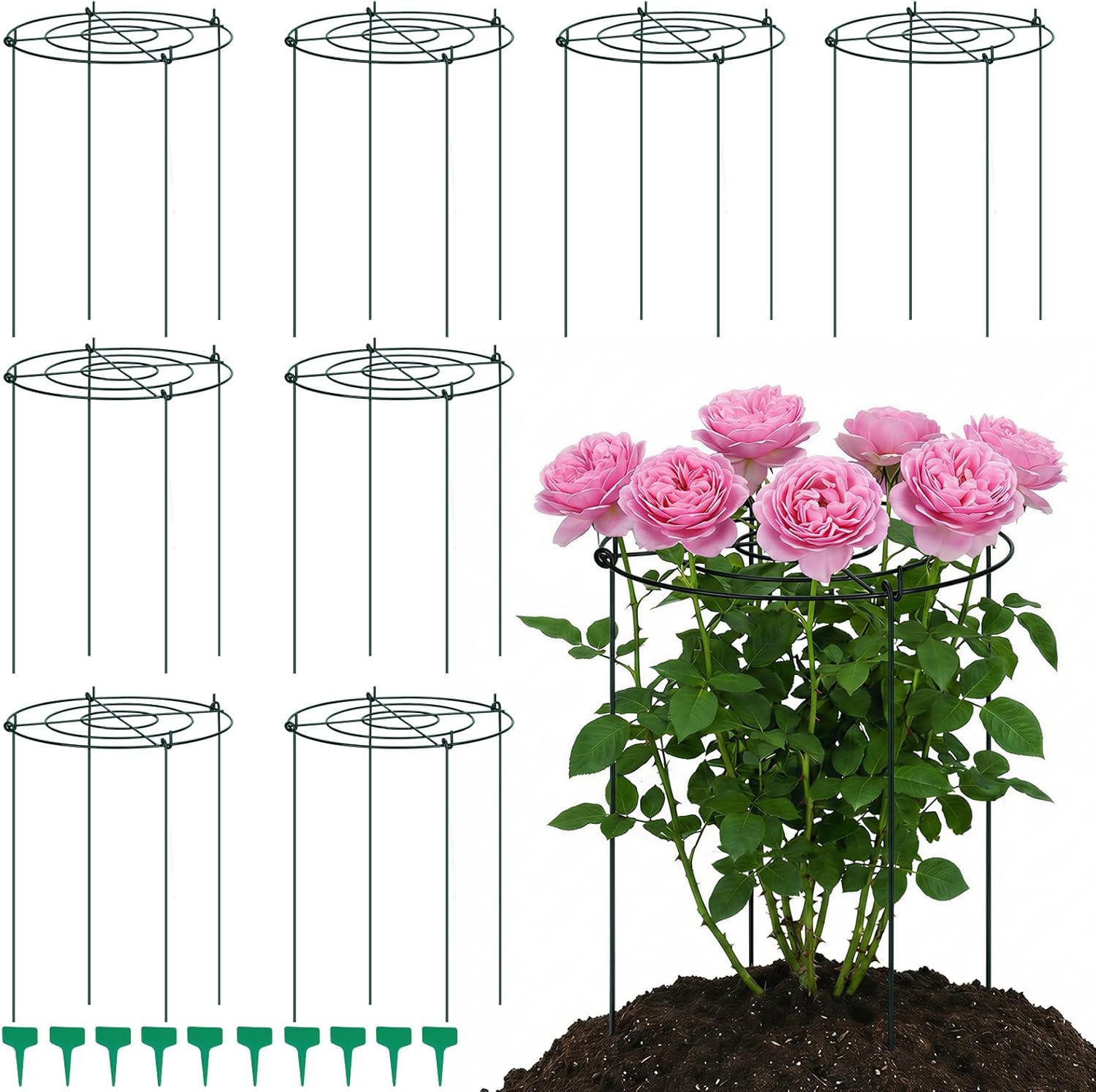 8 Pack Peony Cage Plant Support Ring, Heavy Duty Plant Cages & Supports, Metal Peony Support for Outdoor Plants, Grow Through Plant Support for Peony Rose Hydrangea Tomato (12.2" D x17.72 H)