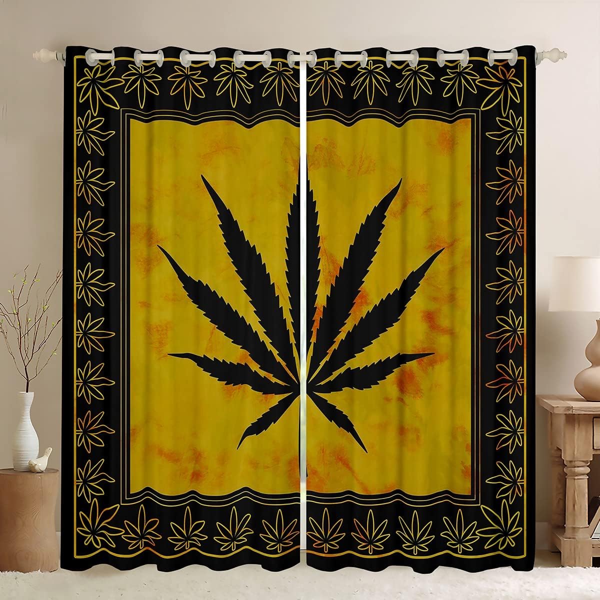 Cortinas opacas de hojas de marihuana para oscurecer hojas de marihuana, cortinas opacas (30%-50%) para dormitorio, ramas de hojas de hojas de marihuana (52 x 63 pulgadas)