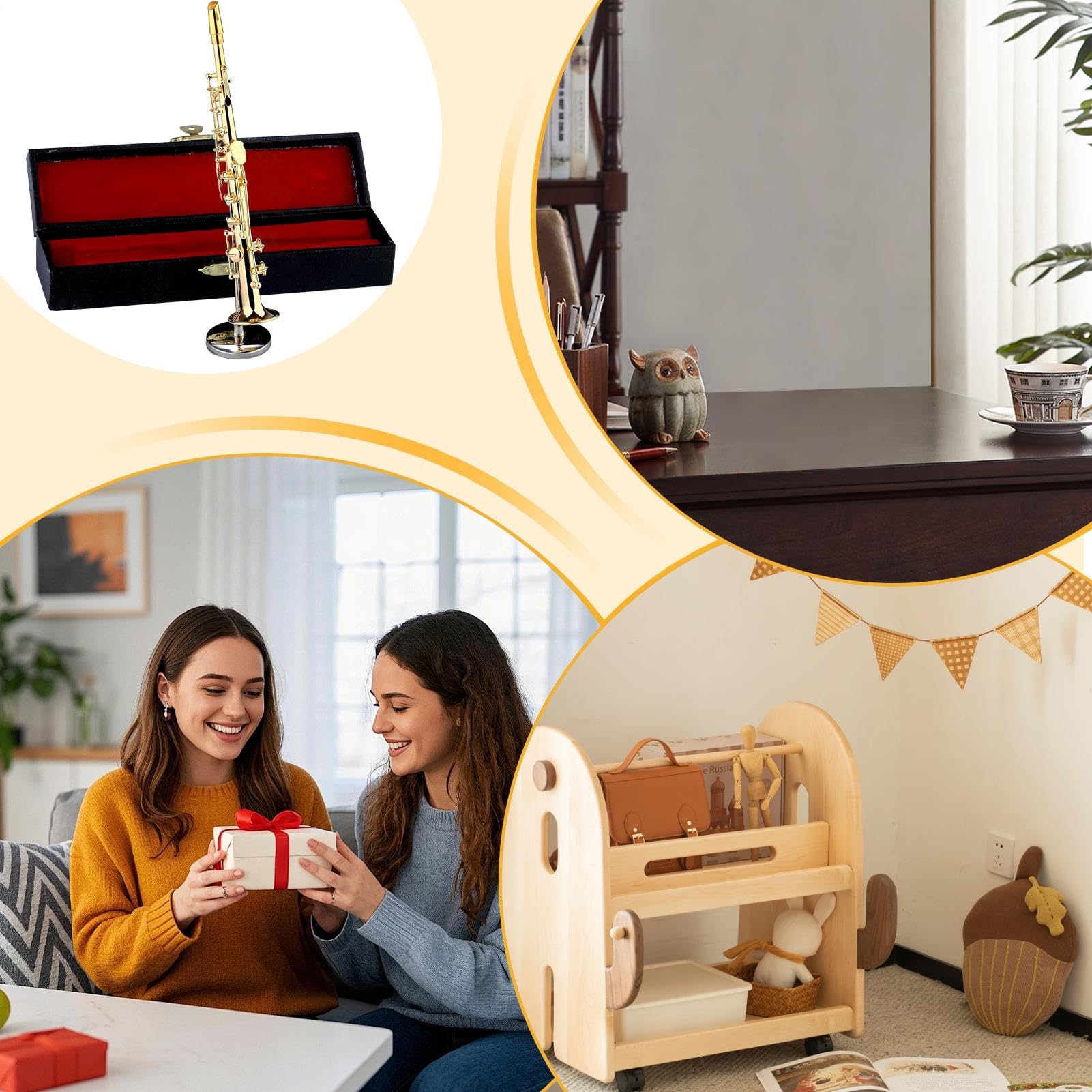 Miniature Saxophone - Soprano Plaqué Or avec Support & Étui | 3.94 Pouces Laiton Mini Instrument de Musique Réplique Ornement - Figurine de Collection Décoration Maison Noël Cadeau Anniversaire
