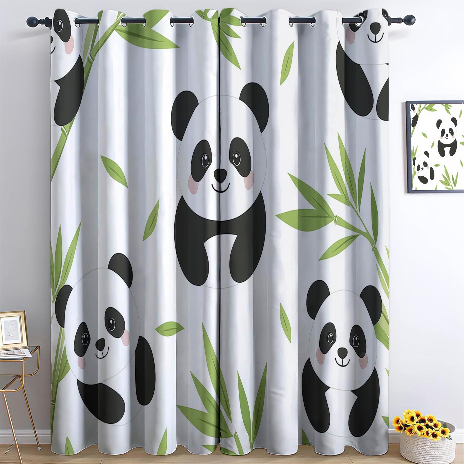 Thermal Insulation Blackout Curtains 3D Cartoon Panda Bamboo 55” W x 102” L 2 Panels Soft Eyelet Window Darkening Panel - Bedroom Living Room Curtains Kitchen Home Decoration
