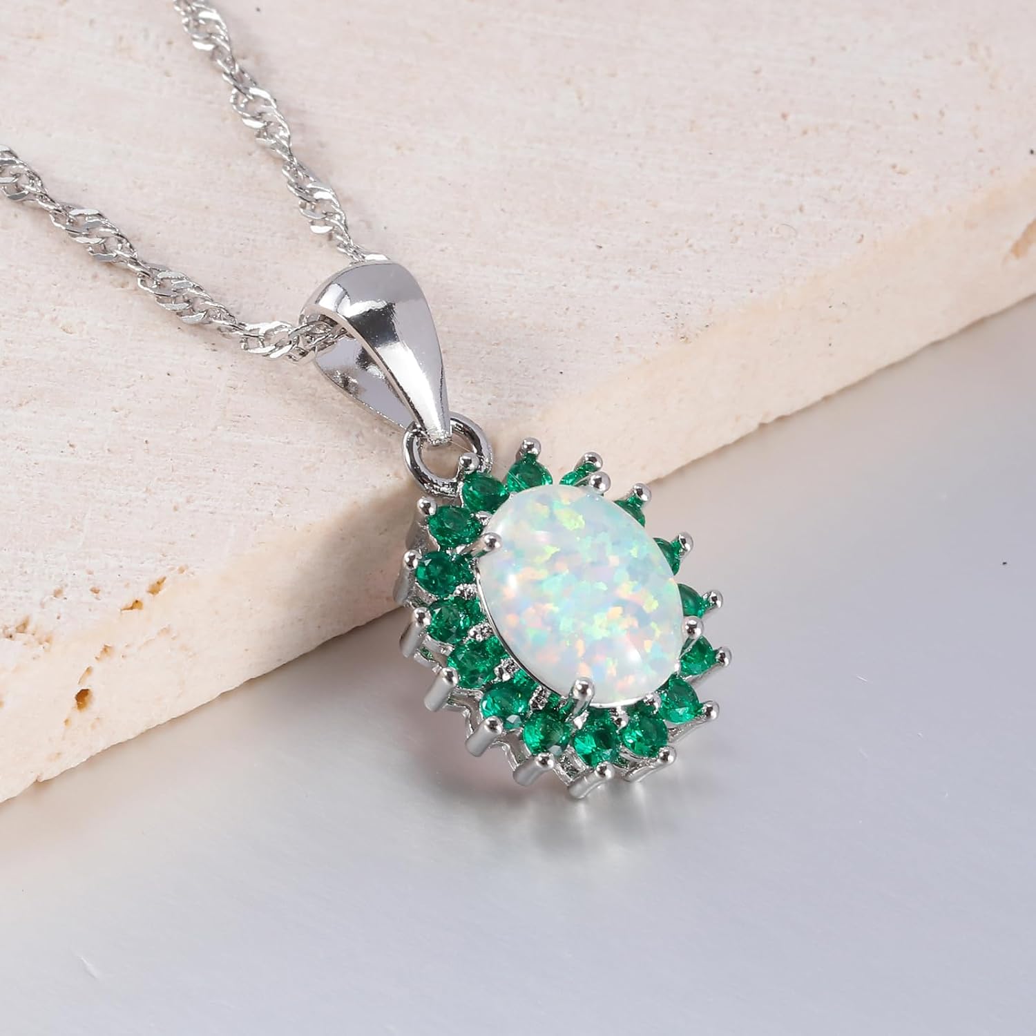 CiNily 14K White Gold Plated Opal Pendant Necklace-Flower/Oval Shap Necklace Gemstone Women Girls Jewelry Gift - Image 3