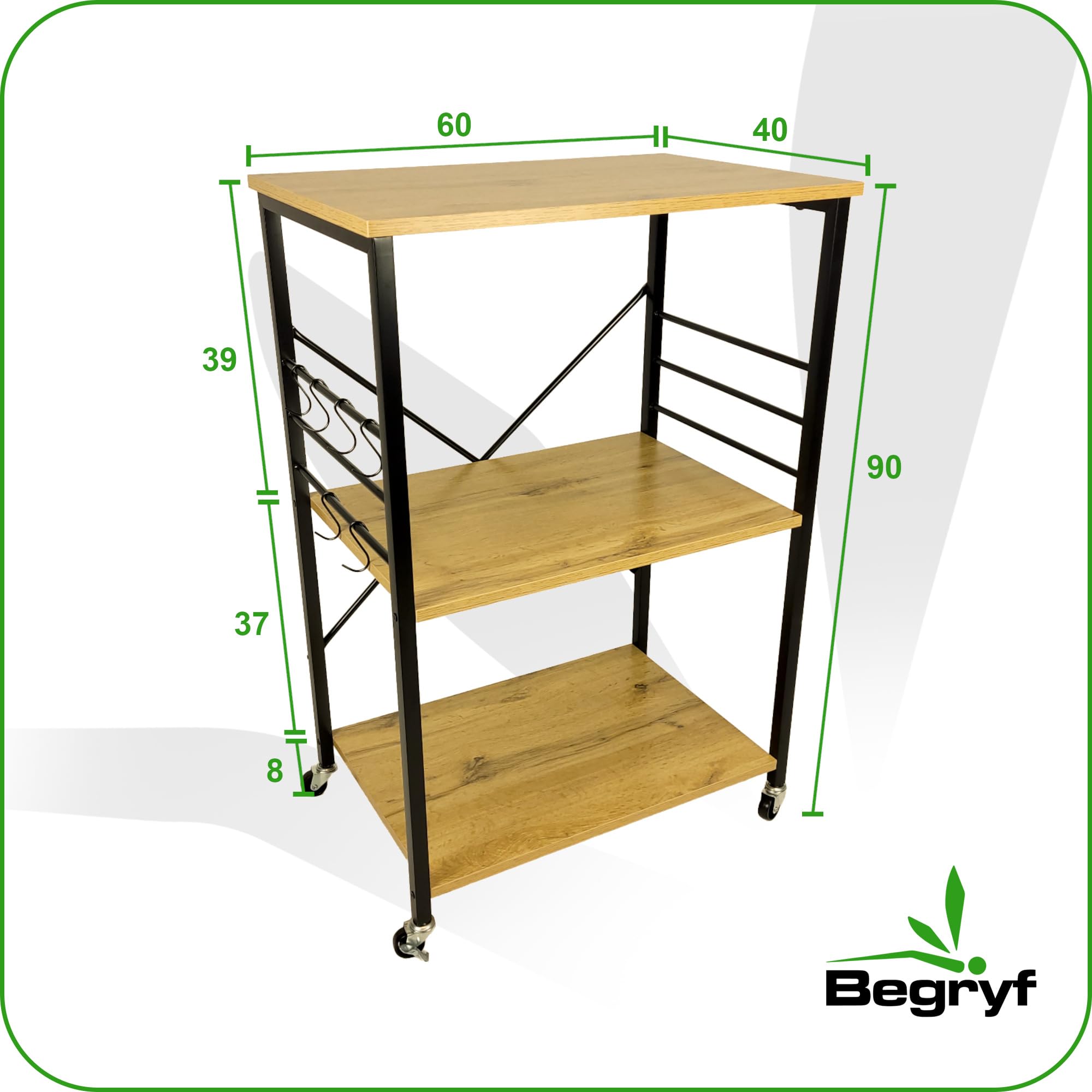 Küchenwagen auf Rollen 60 cm, Servierwagen in Eichenoptik mit 3 Ablagen, Haken und Feststellrollen, Küchenregal mit Metallgestell für Küche und Essbereich, 60 x 40 x 90 cm