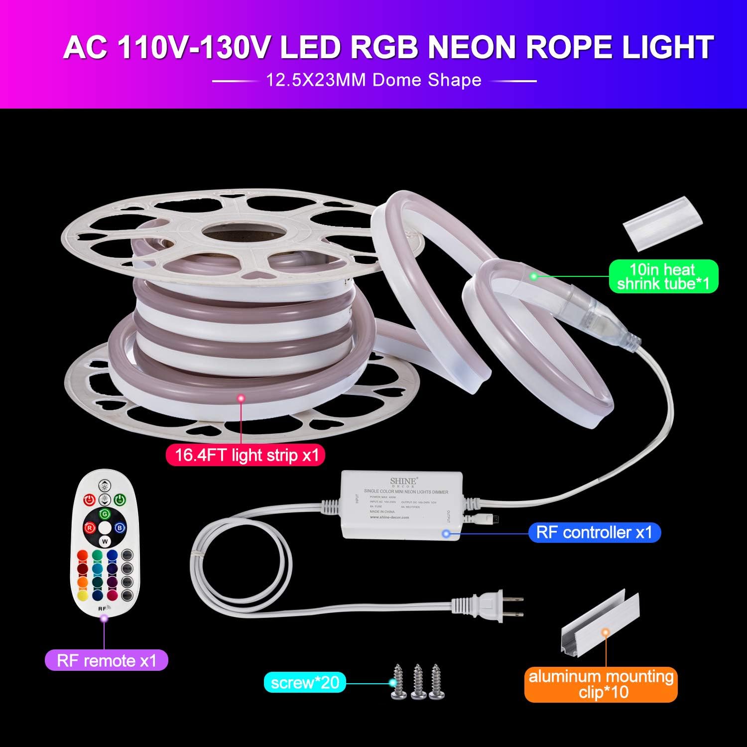 Flash Deals - 50% OFF Shine Decor LED Neon Rope Lights RGB 16.4FT/5M, Multicolor 110V-120V AC LED Neon Light Strip Dimmable SMD5050 60LEDs/M, ETL-Listed Waterproof Flexible Rope Lighting Outdoor with Remote for Decoration π Crazy Deals Shine Decor LED Neon Rope Lights RGB 16.4FT/5M, Multicolor 110V-120V AC LED Neon Light Strip Dimmable SMD5050 60LEDs/M, ETL-Listed Waterproof Flexible Rope Lighting Outdoor with Remote for Decoration