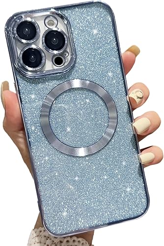 aowner Funda magnética para iPhone 13 Pro con purpurina, chapado de lujo, bonito brillante con protector de lente de cámara, compatible con MagSafe,
