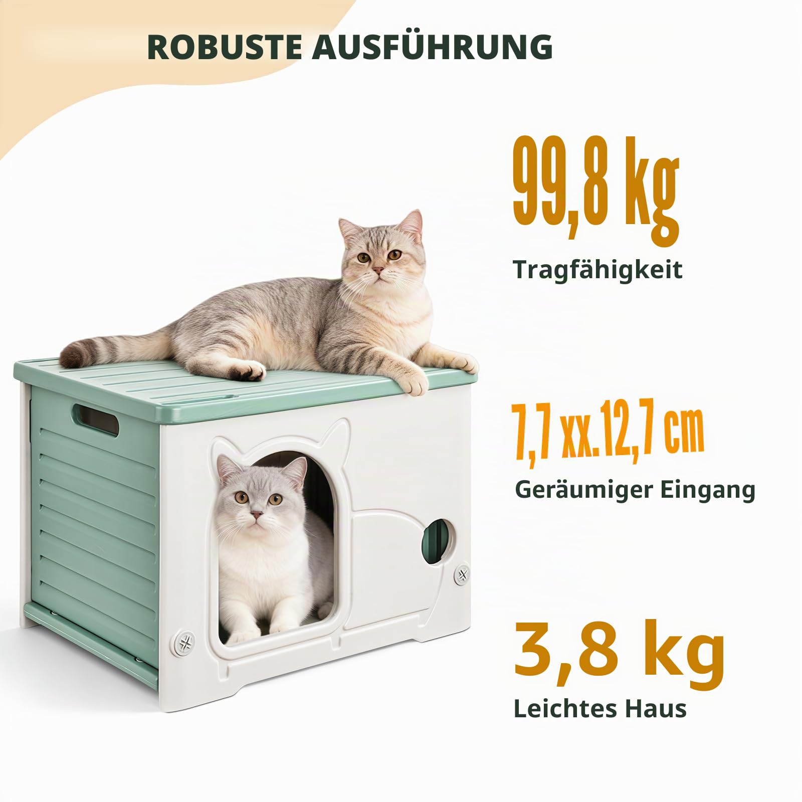 Katzenhaus Höhle für Innen- und Außenbereiche, stapelbare Frettchen-Wasserdicht-Schutzhütte isoliert erhöht mit Katzenkörbematte Grün