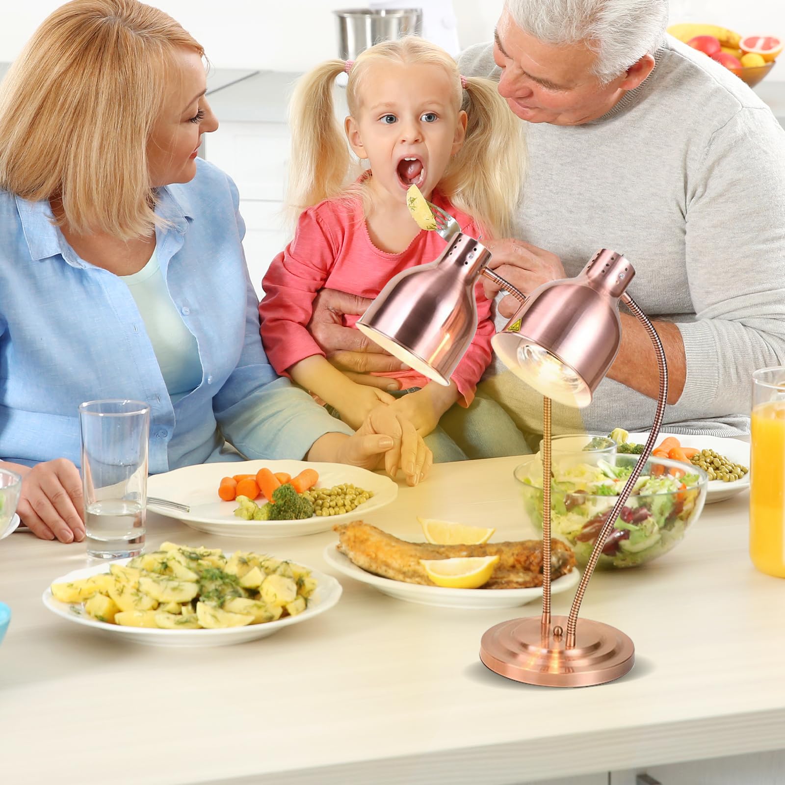 Lampe chauffante de cuisine - 250 W - Lampe infrarouge - Double tête - Autonome - Pour buffets, salle à manger, hôtels, commerciaux, maintien au chaud des aliments (or rose)