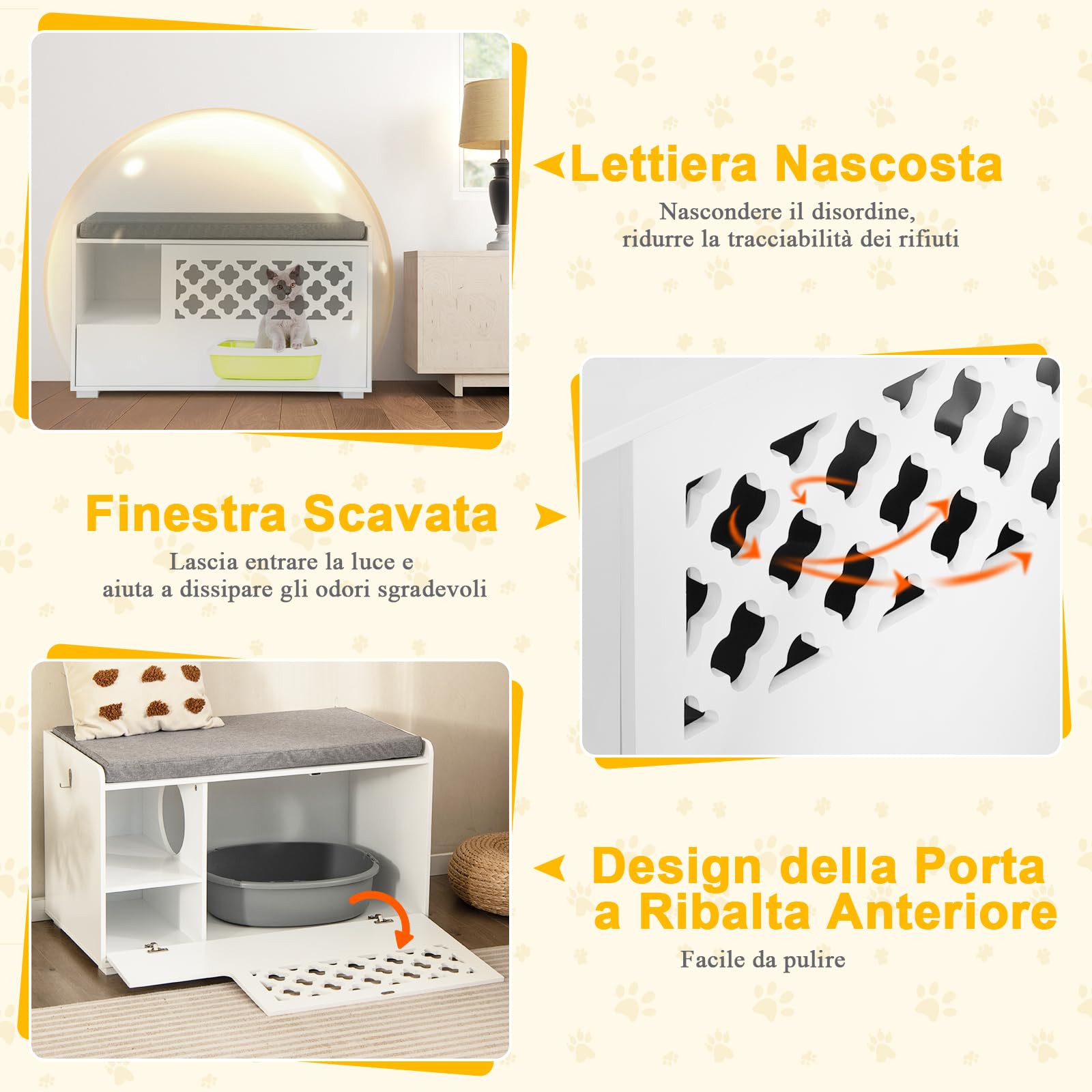 GYMAX Casetta per Gatti 2 in 1 con Apertura a Cerniera, Cuscino Rimovibile, Mobile Multifunzione per Lettiere per Gatti in Stile Moderno per Camera da Letto, Soggiorno, 90 x 48,5 x 52 cm, Bianco