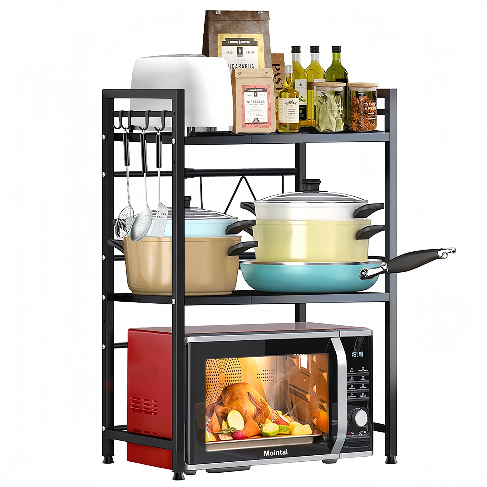 Mointal Soporte Expandible para Microondas, Estantería 3 Niveles para Microondas de Cocina, Estantería Acero al Carbono para Microondas de Encimera, Organizador Almacenaje Cocina con 8 Ganchos, Negro